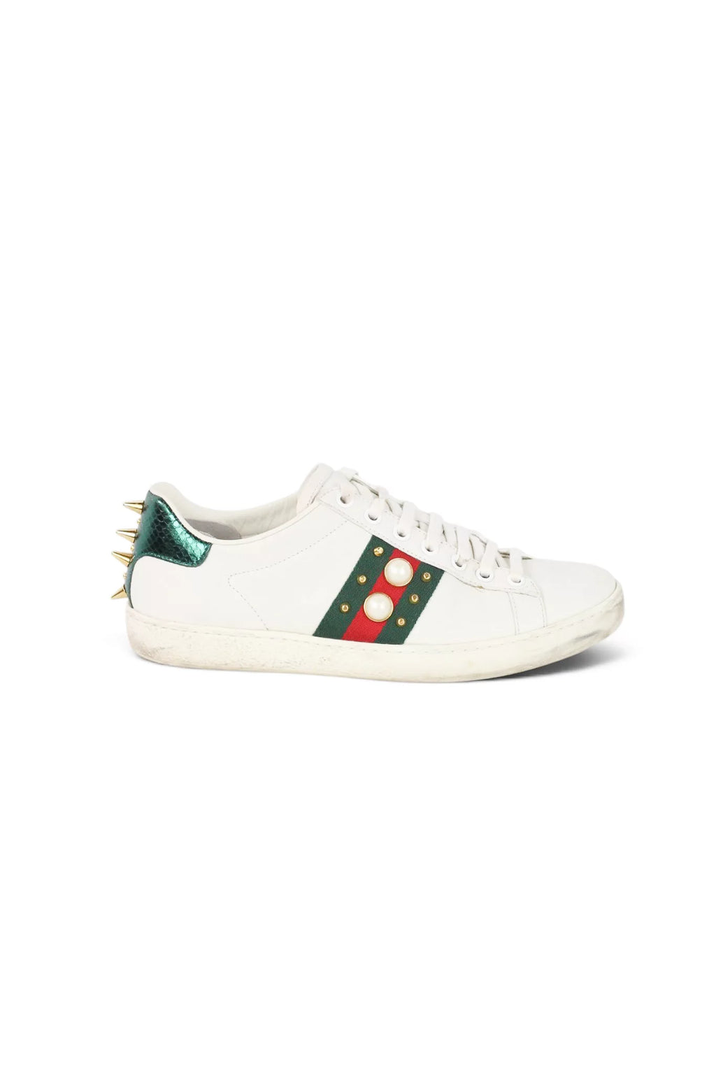 Ace Studded Pearl Web Stripe Leather Sneaker