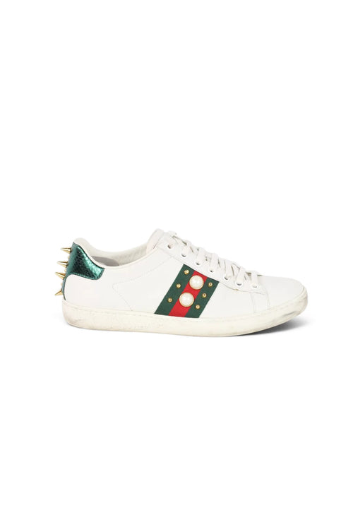 Ace Studded Pearl Web Stripe Leather Sneaker