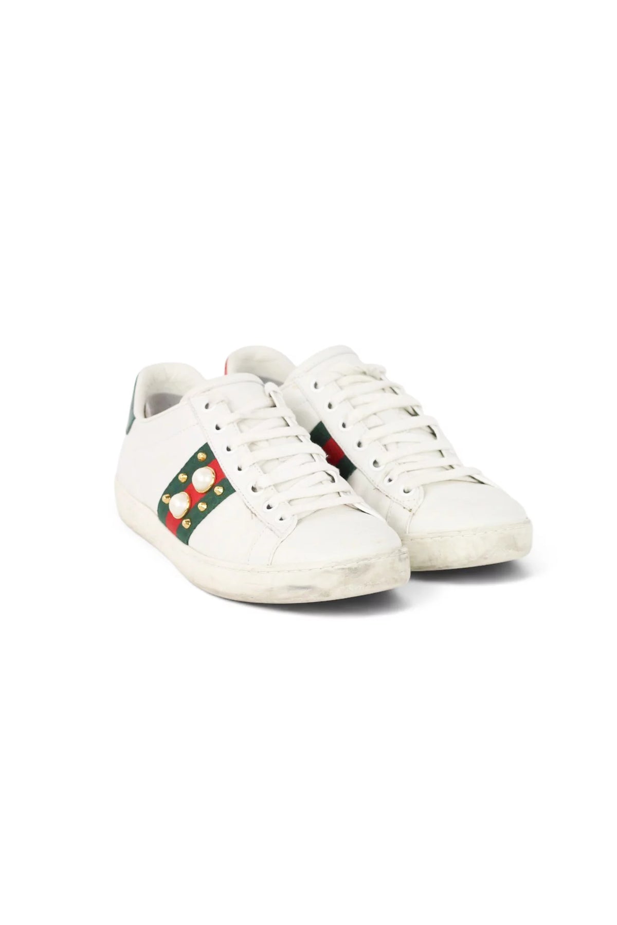 Ace Studded Pearl Web Stripe Leather Sneaker