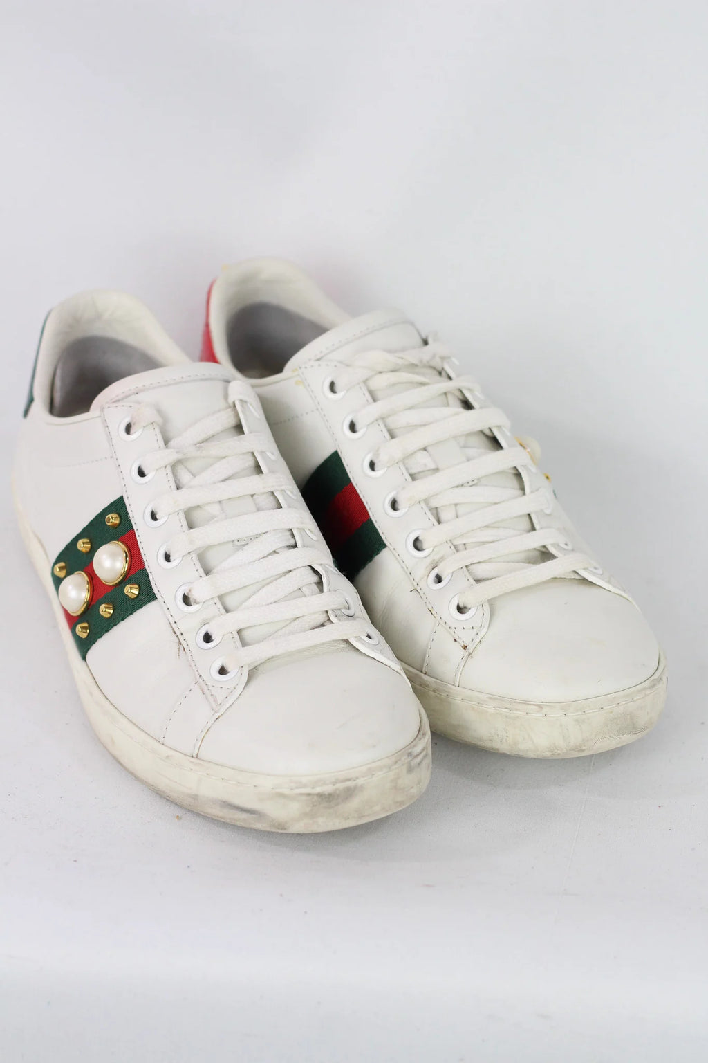 Ace Studded Pearl Web Stripe Leather Sneaker