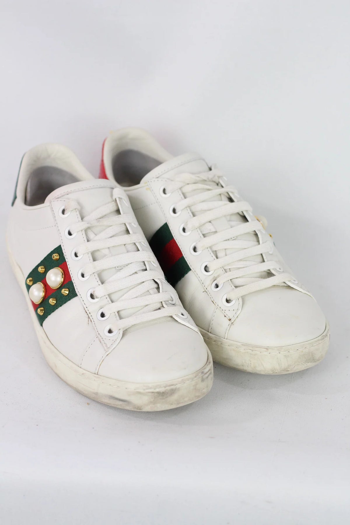 Ace Studded Pearl Web Stripe Leather Sneaker