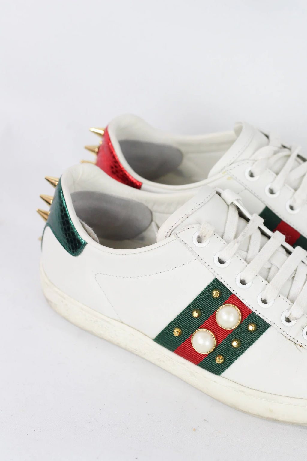 Ace Studded Pearl Web Stripe Leather Sneaker