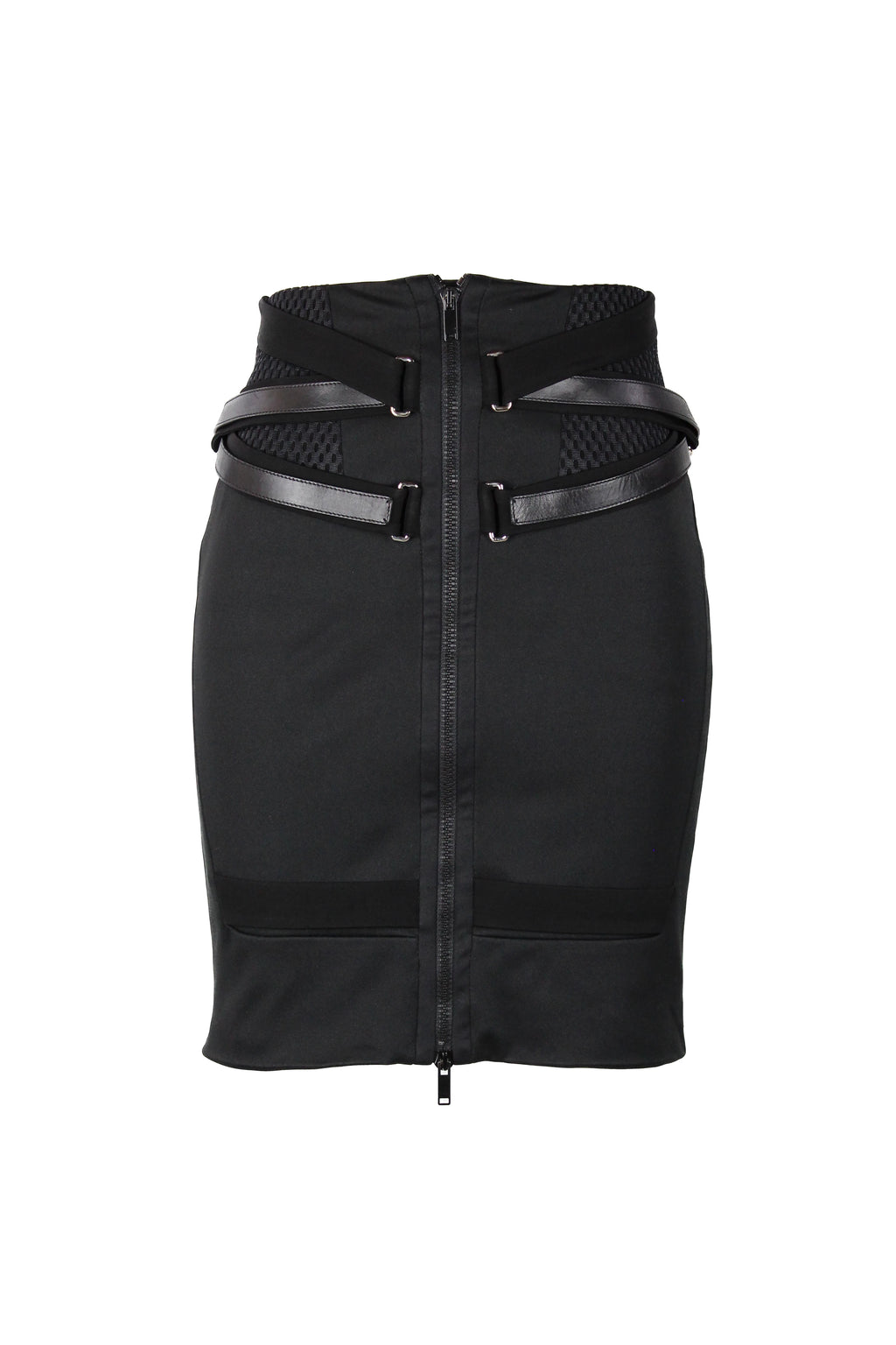 Pencil skirt with belts and perforated side panels SS2010