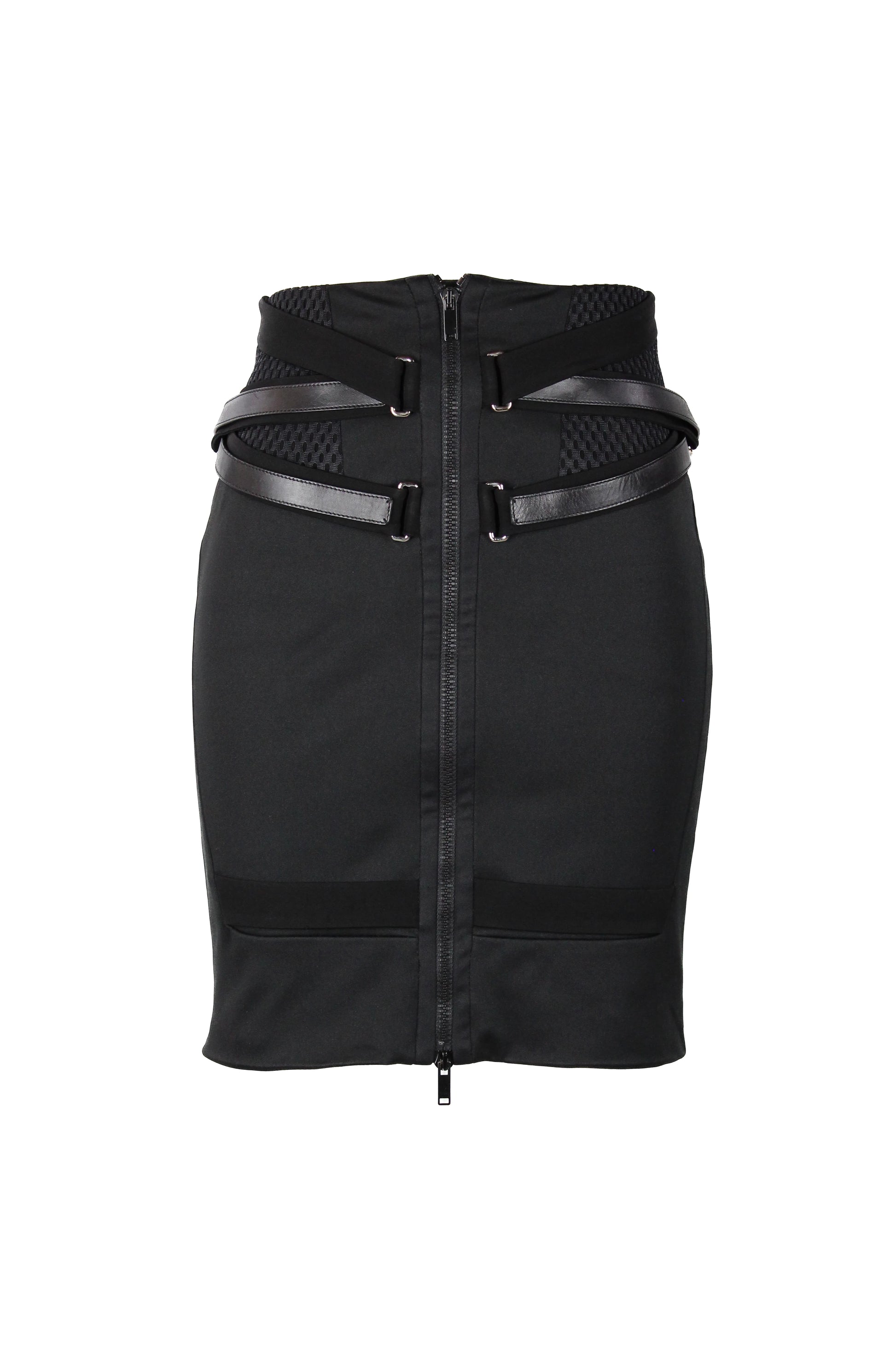 Pencil skirt with belts and perforated side panels SS2010