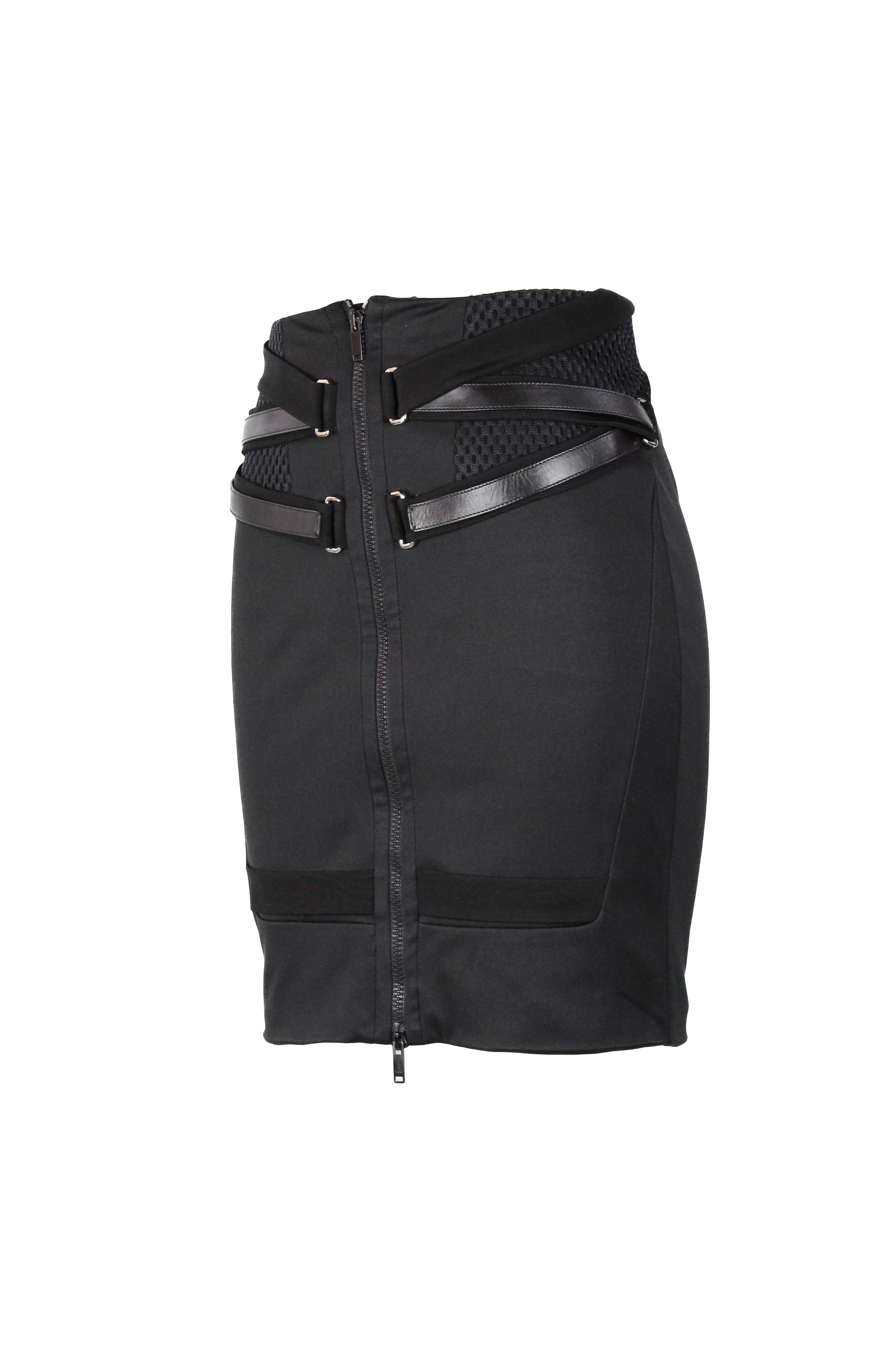 Pencil skirt with belts and perforated side panels SS2010