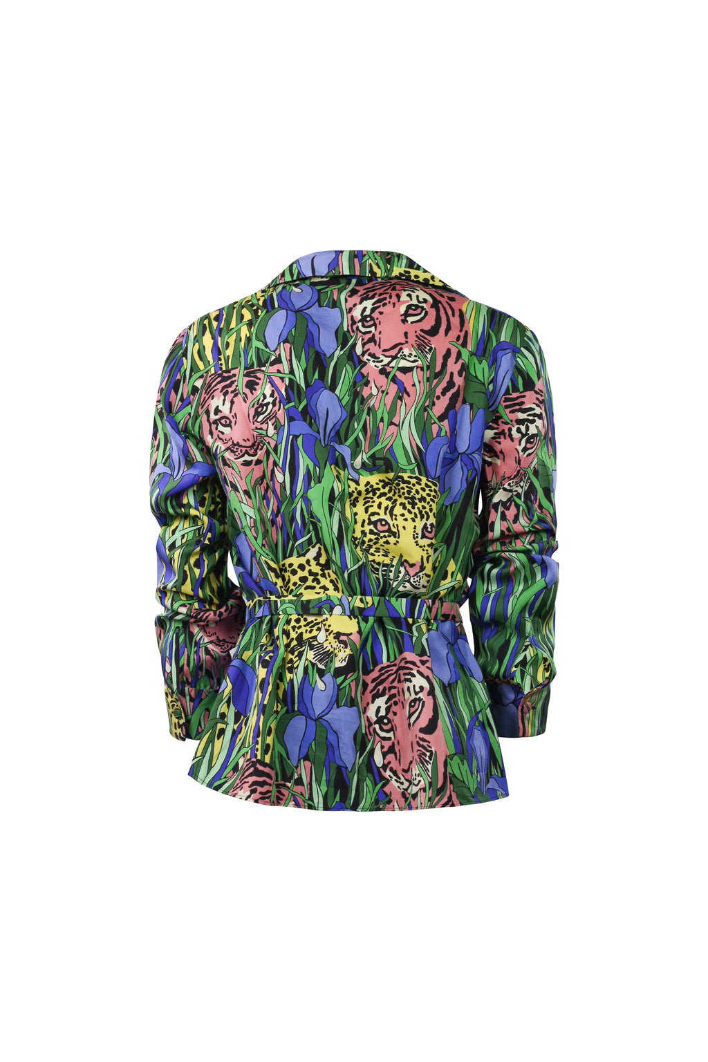 Silk Jungle Tiger Print Belted Blouse