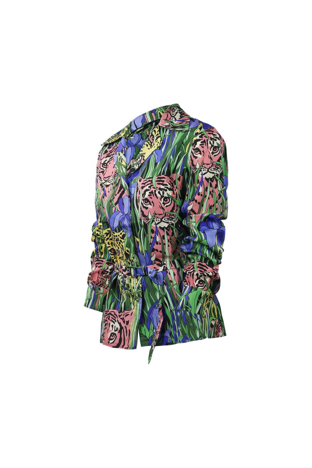 Silk Jungle Tiger Print Belted Blouse
