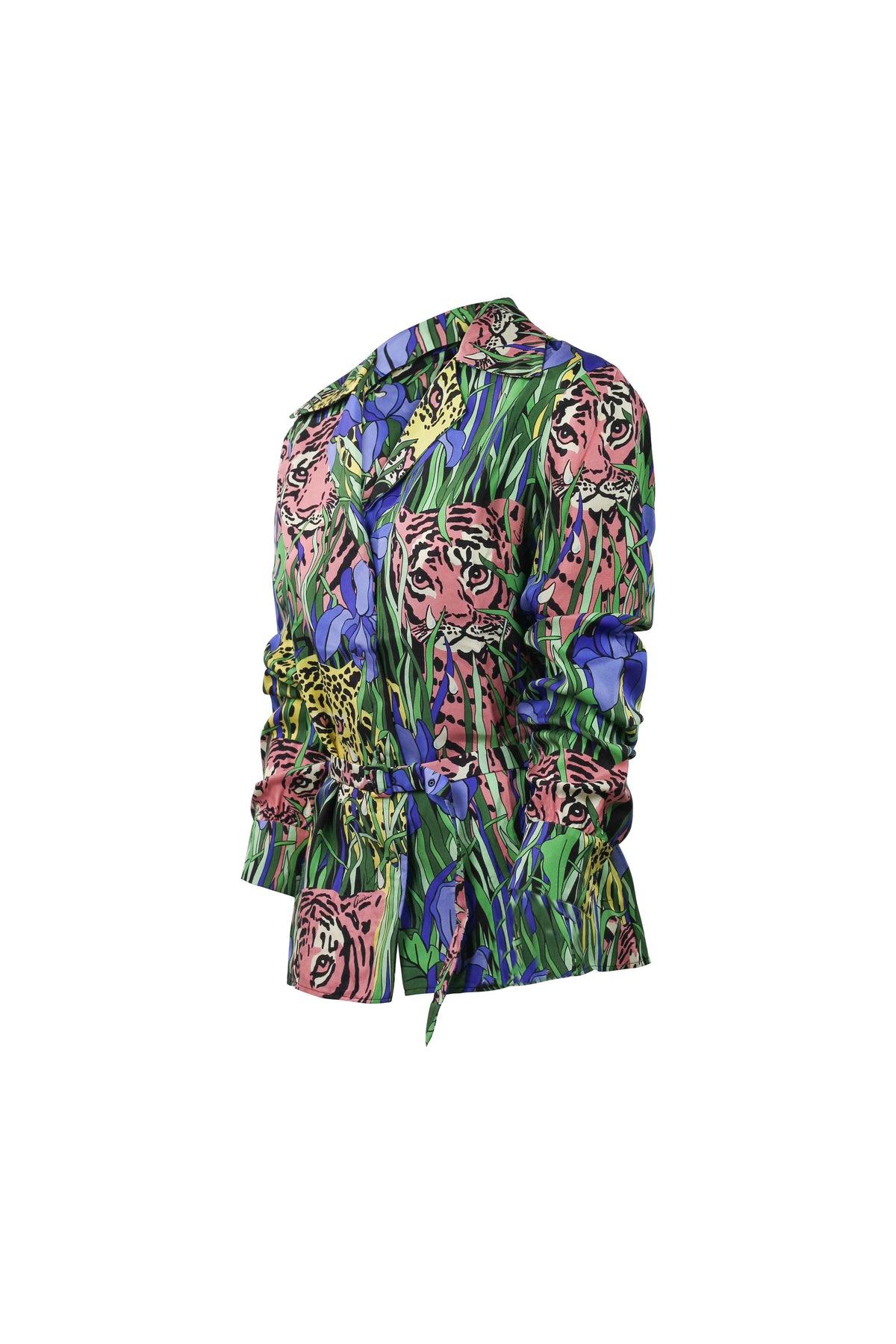 Silk Jungle Tiger Print Belted Blouse