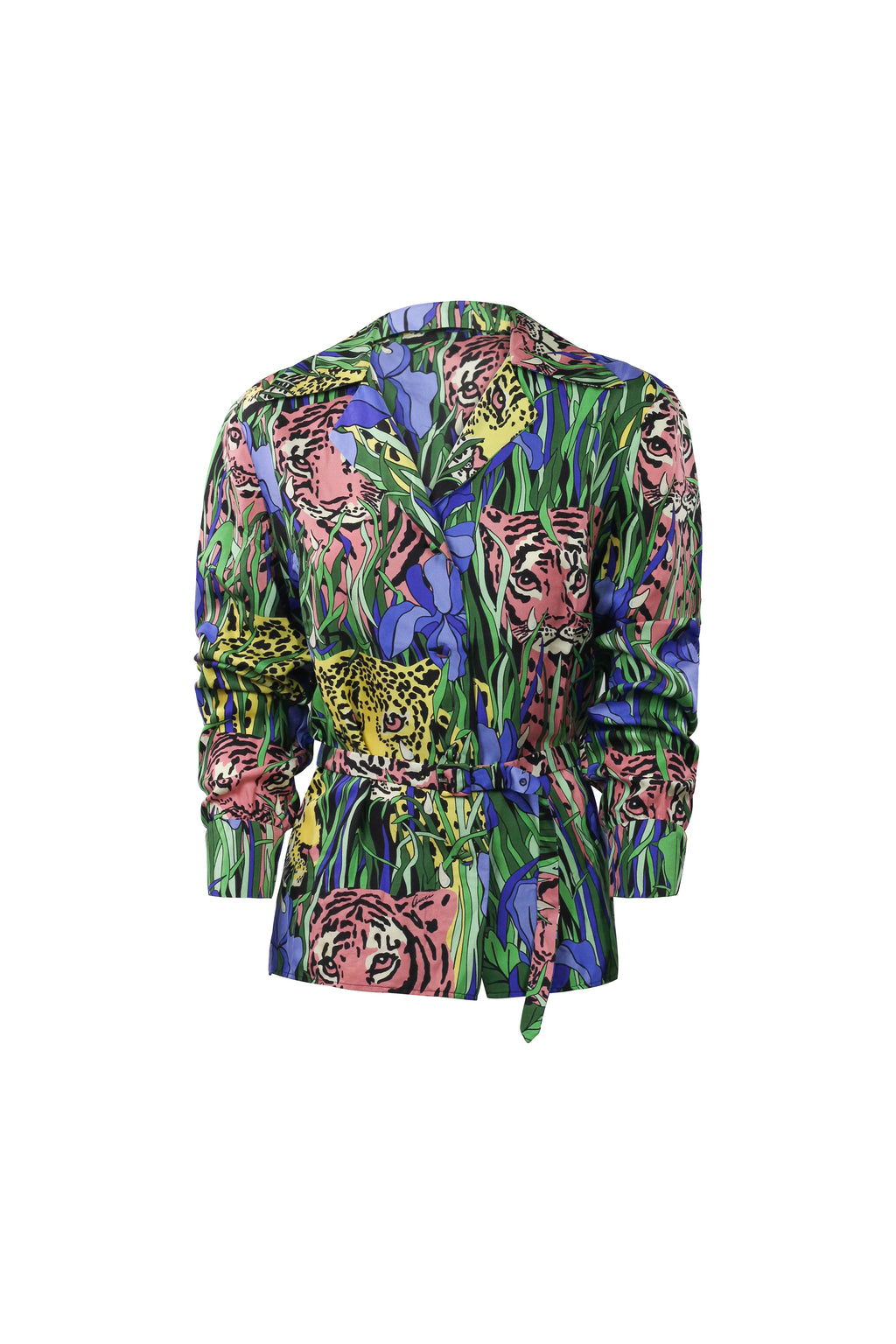 Silk Jungle Tiger Print Belted Blouse