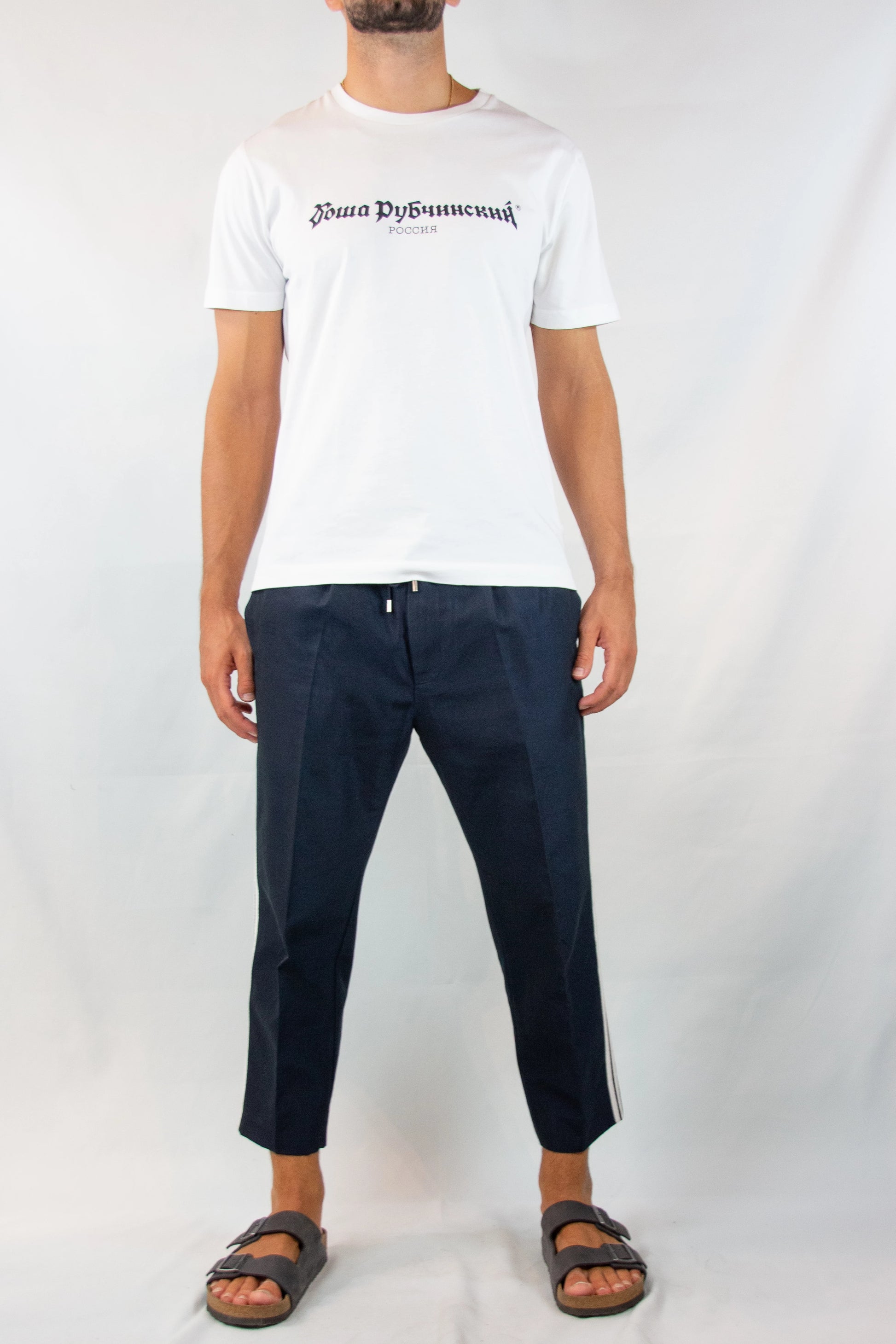 Blue Wool-Cotton Cropped Trousers