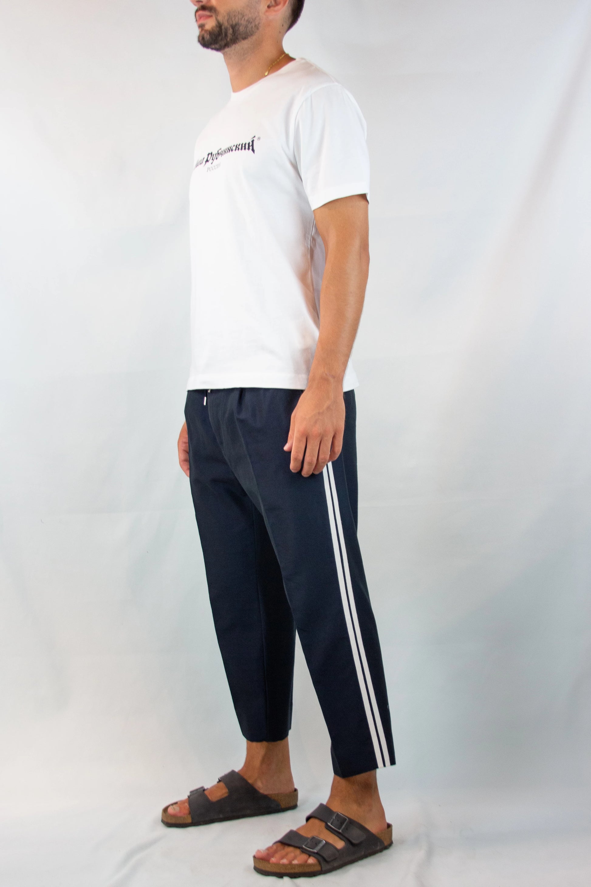 Blue Wool-Cotton Cropped Trousers