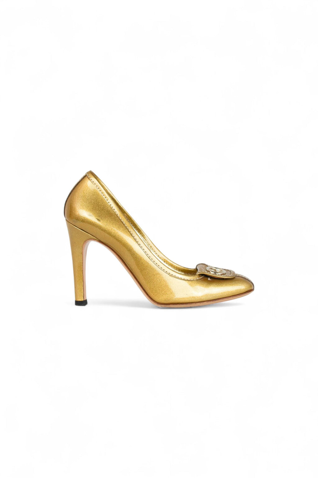 Gold Patent Pumps with logo