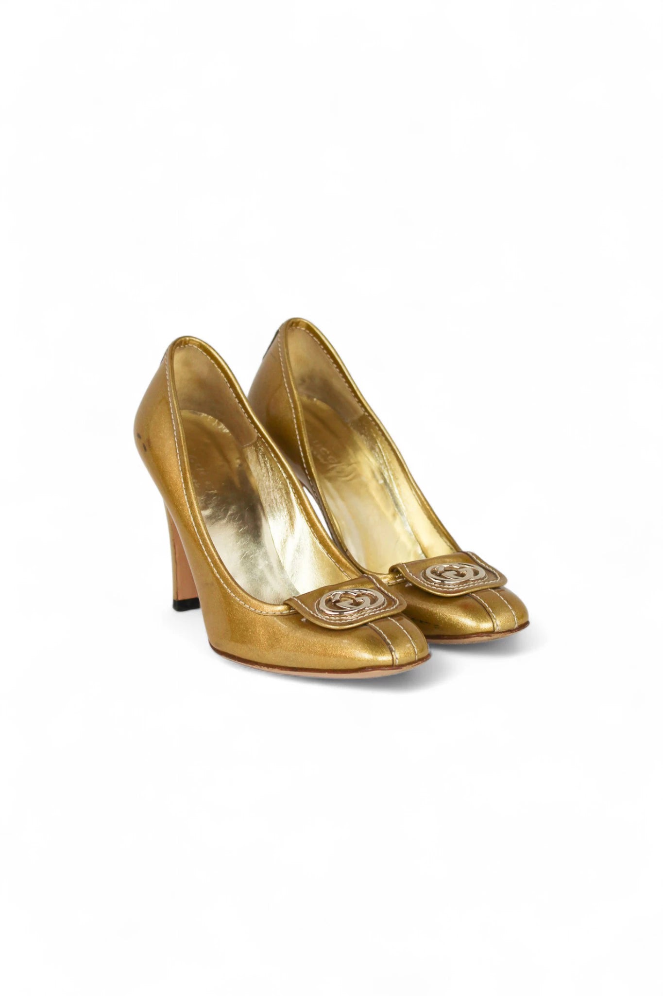 Gold Patent Pumps with logo