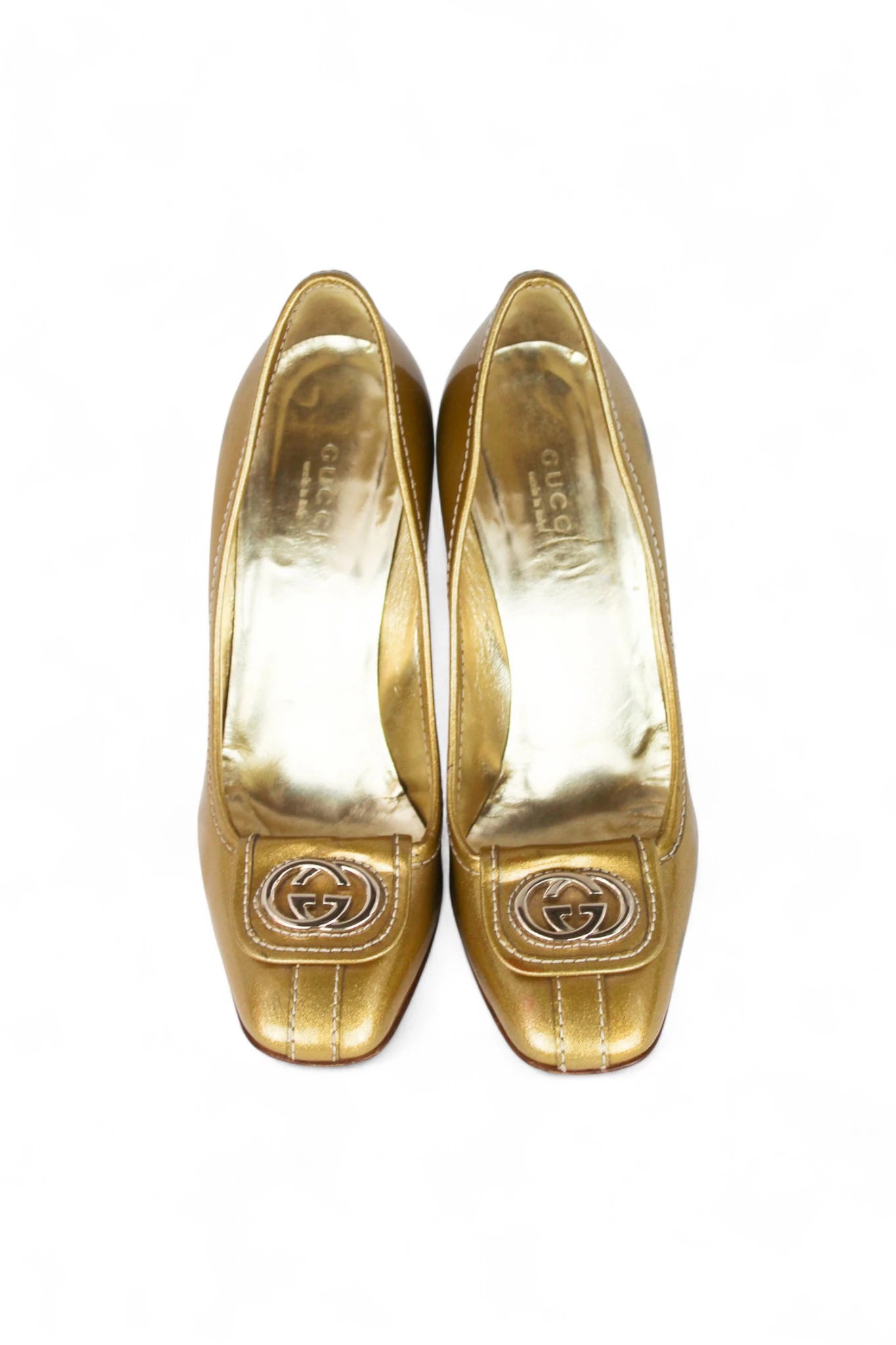 Gold Patent Pumps with logo