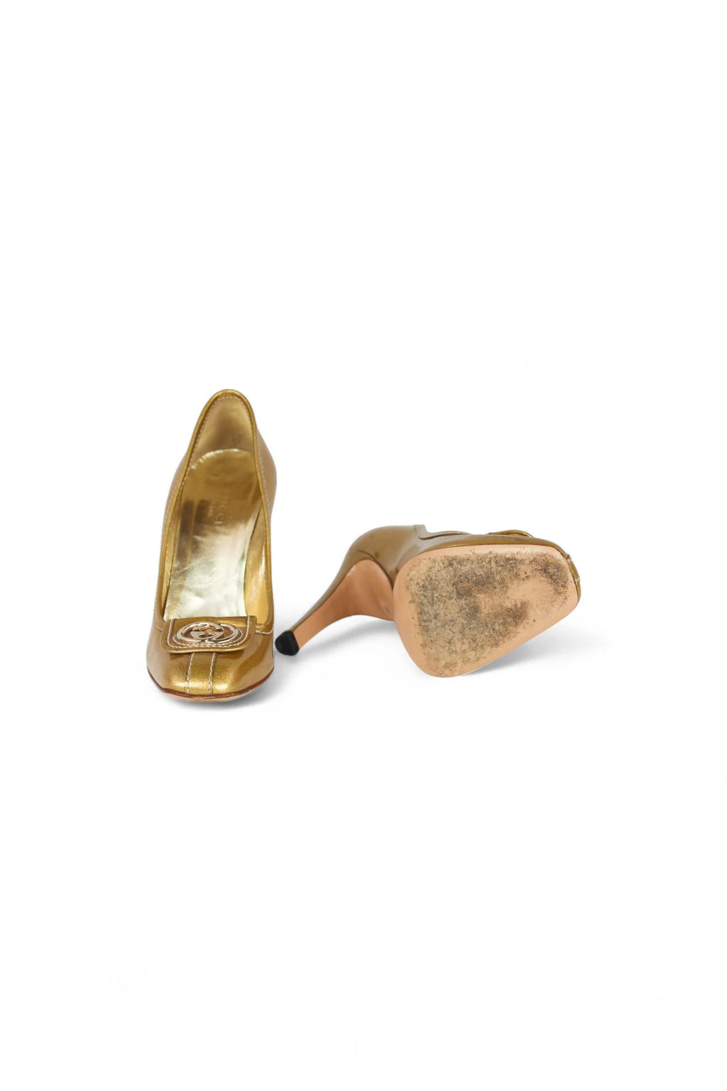 Gold Patent Pumps with logo