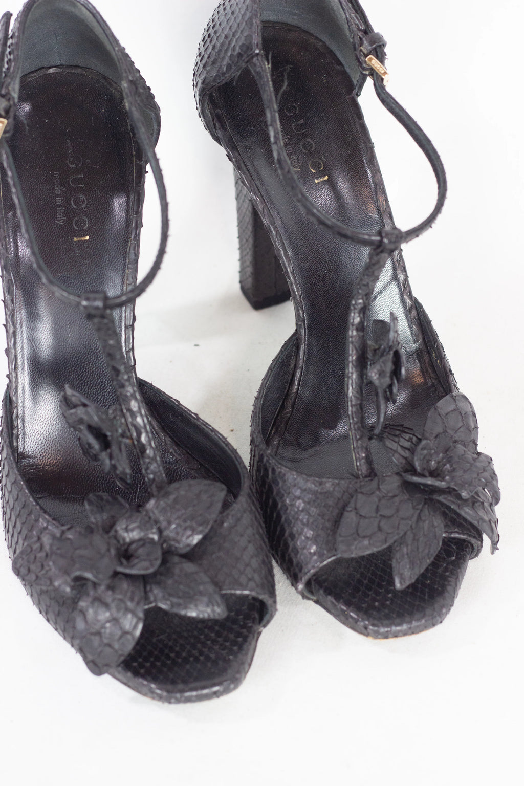 Black Heeled Sandals with Snakeskin Effect