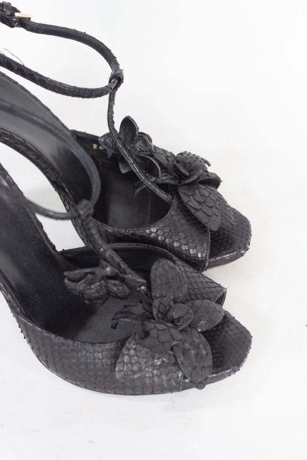 Black Heeled Sandals with Snakeskin Effect