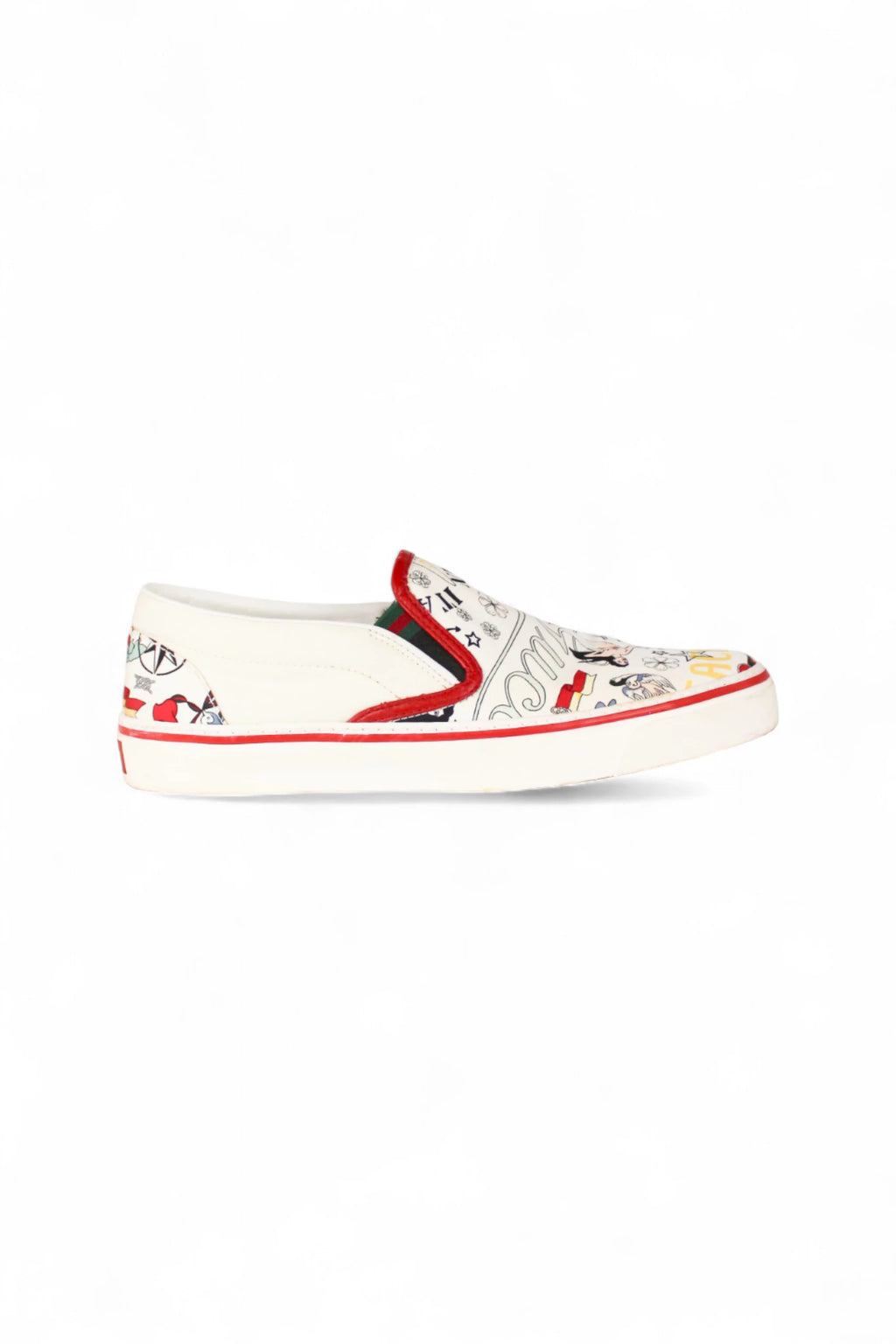White Canvas Slip-On Sneakers with Tattoo-Inspired Print