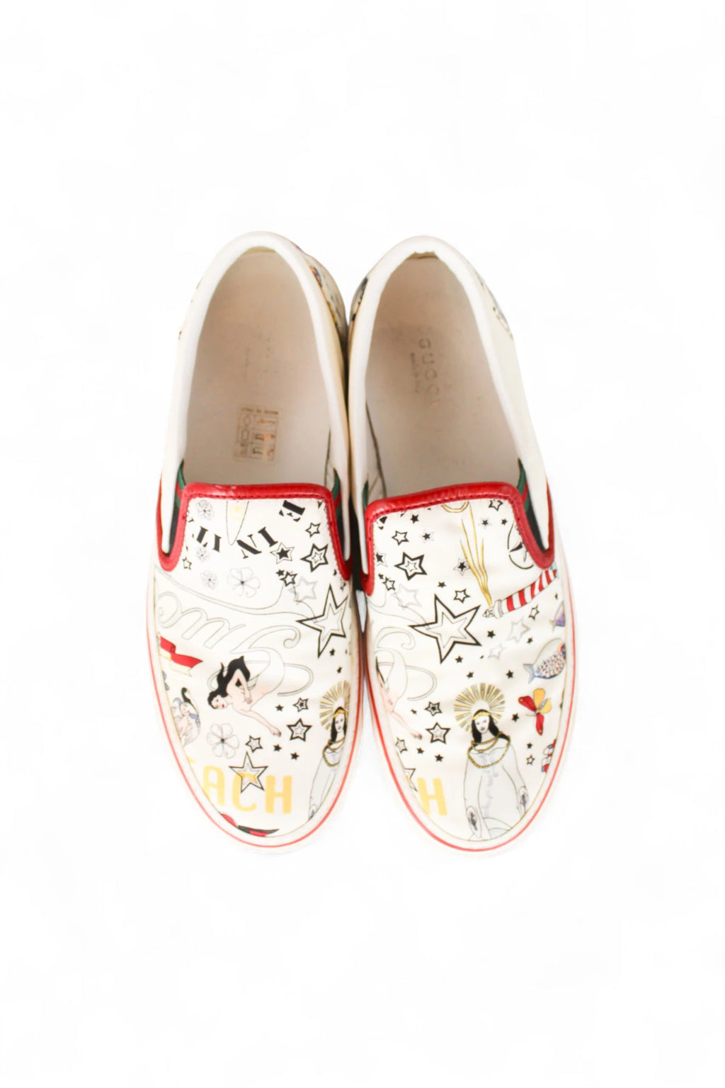 White Canvas Slip-On Sneakers with Tattoo-Inspired Print