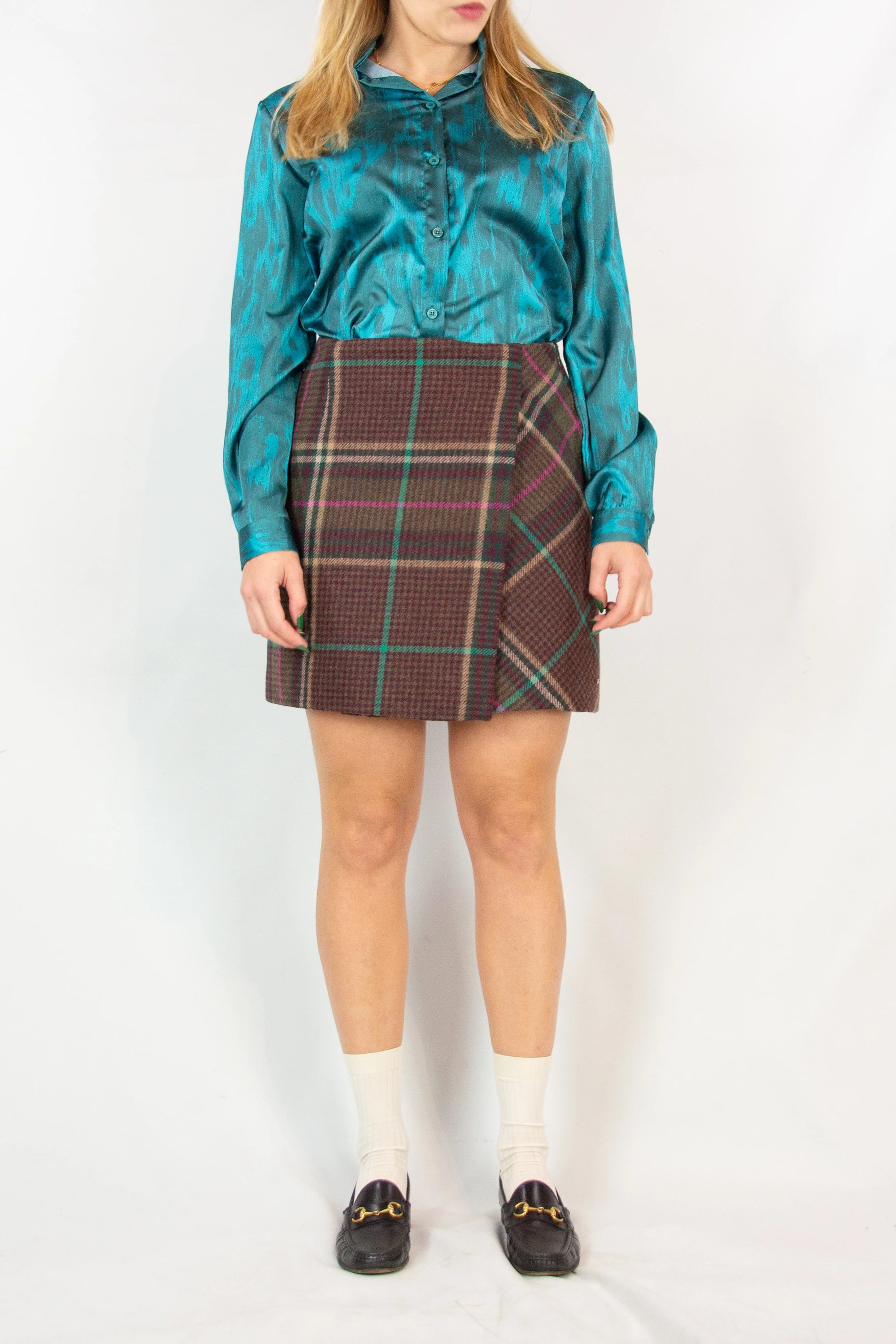 Wool Check Mini Skirt with Wrap Design