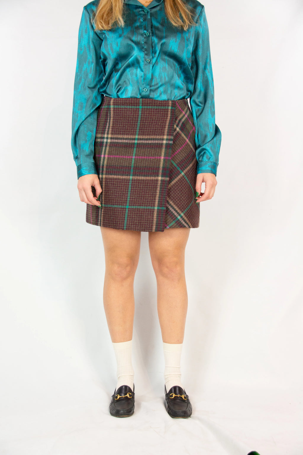 Wool Check Mini Skirt with Wrap Design