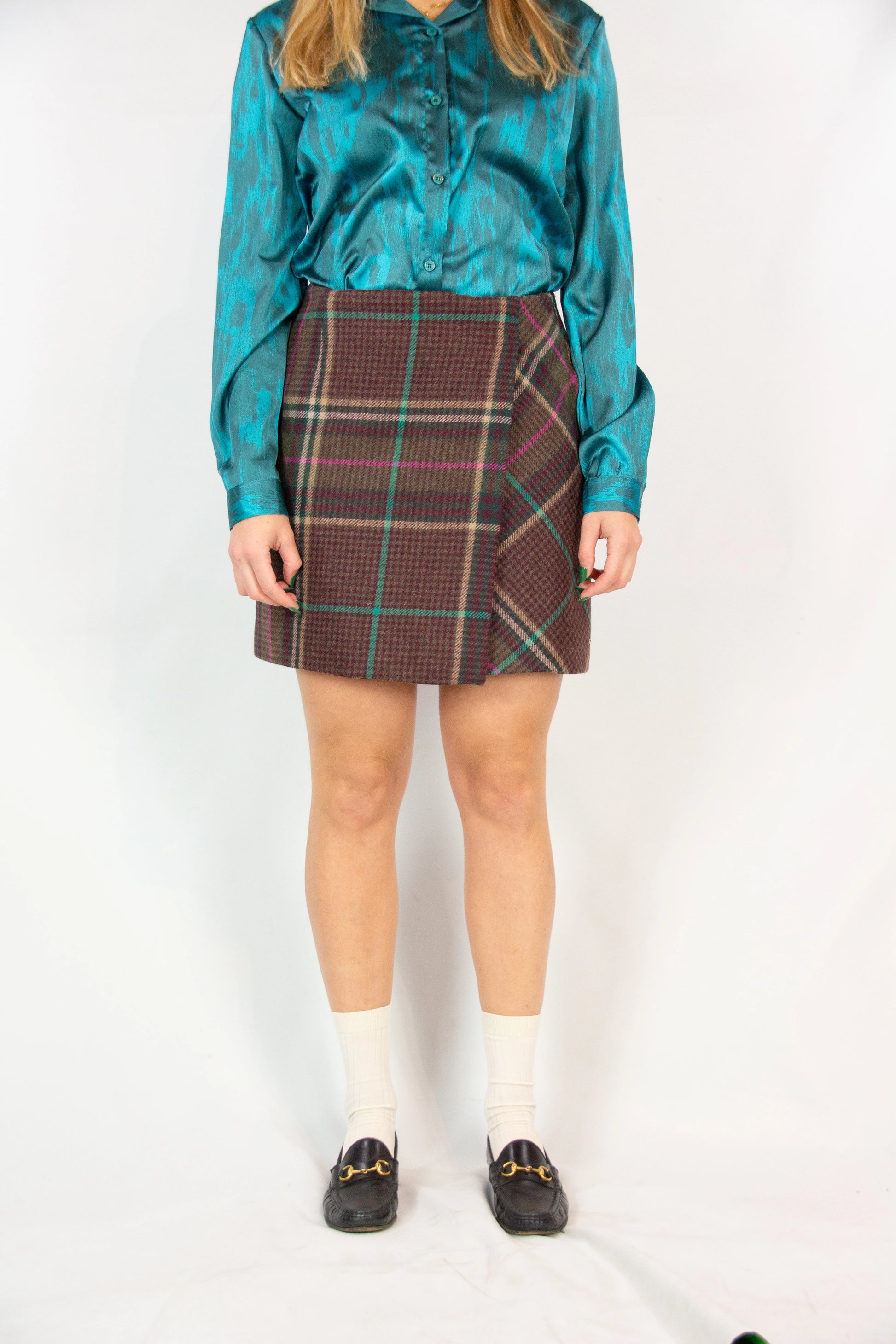 Wool Check Mini Skirt with Wrap Design