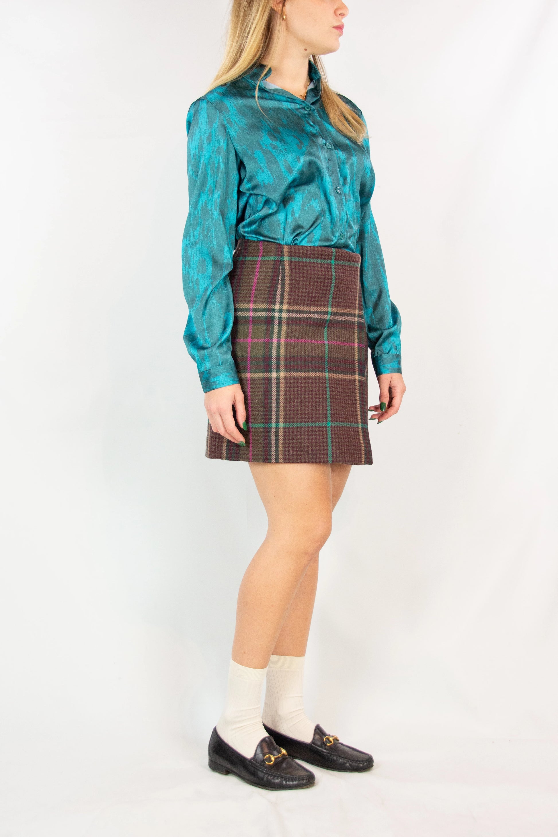 Wool Check Mini Skirt with Wrap Design