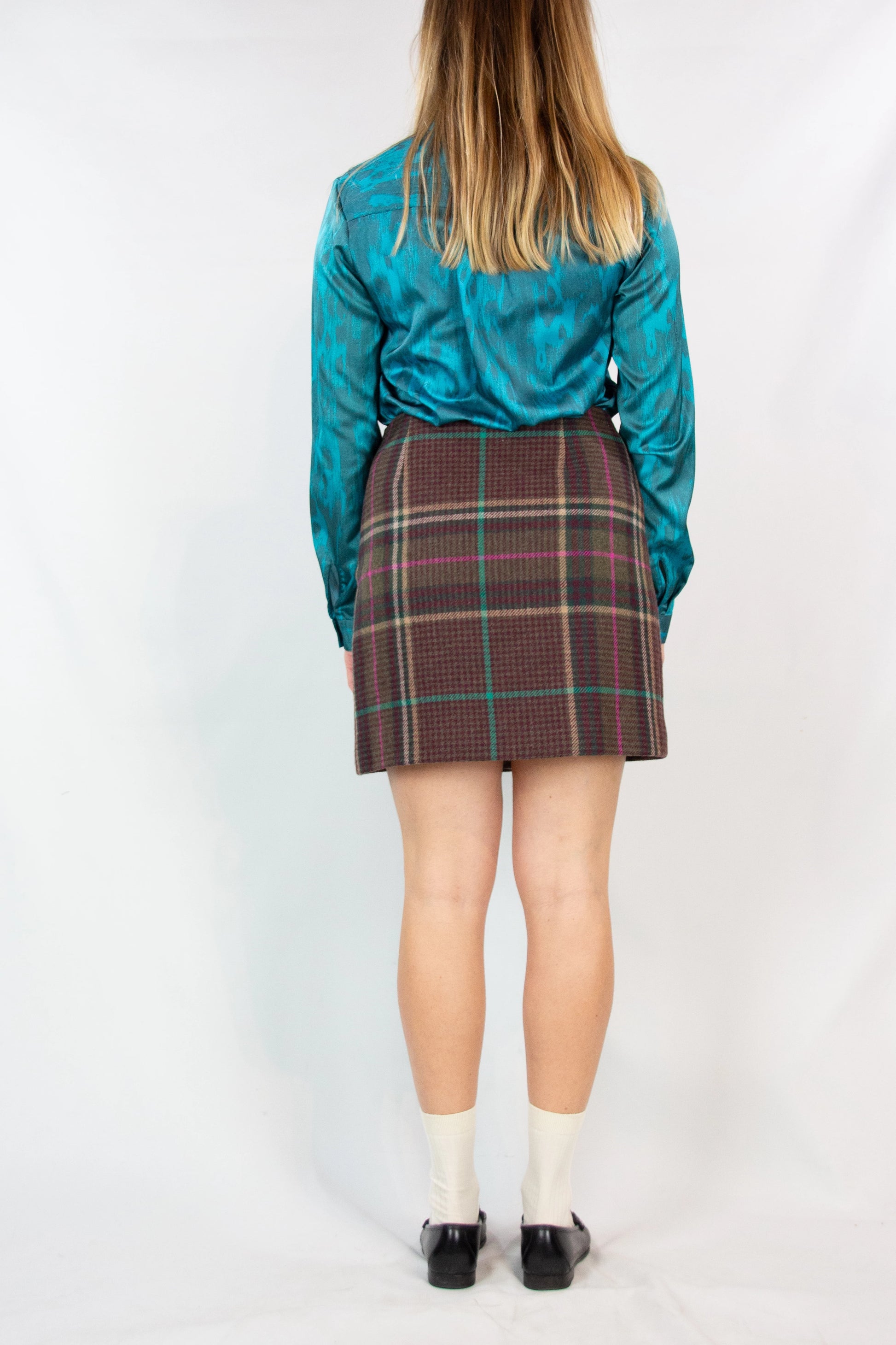Wool Check Mini Skirt with Wrap Design
