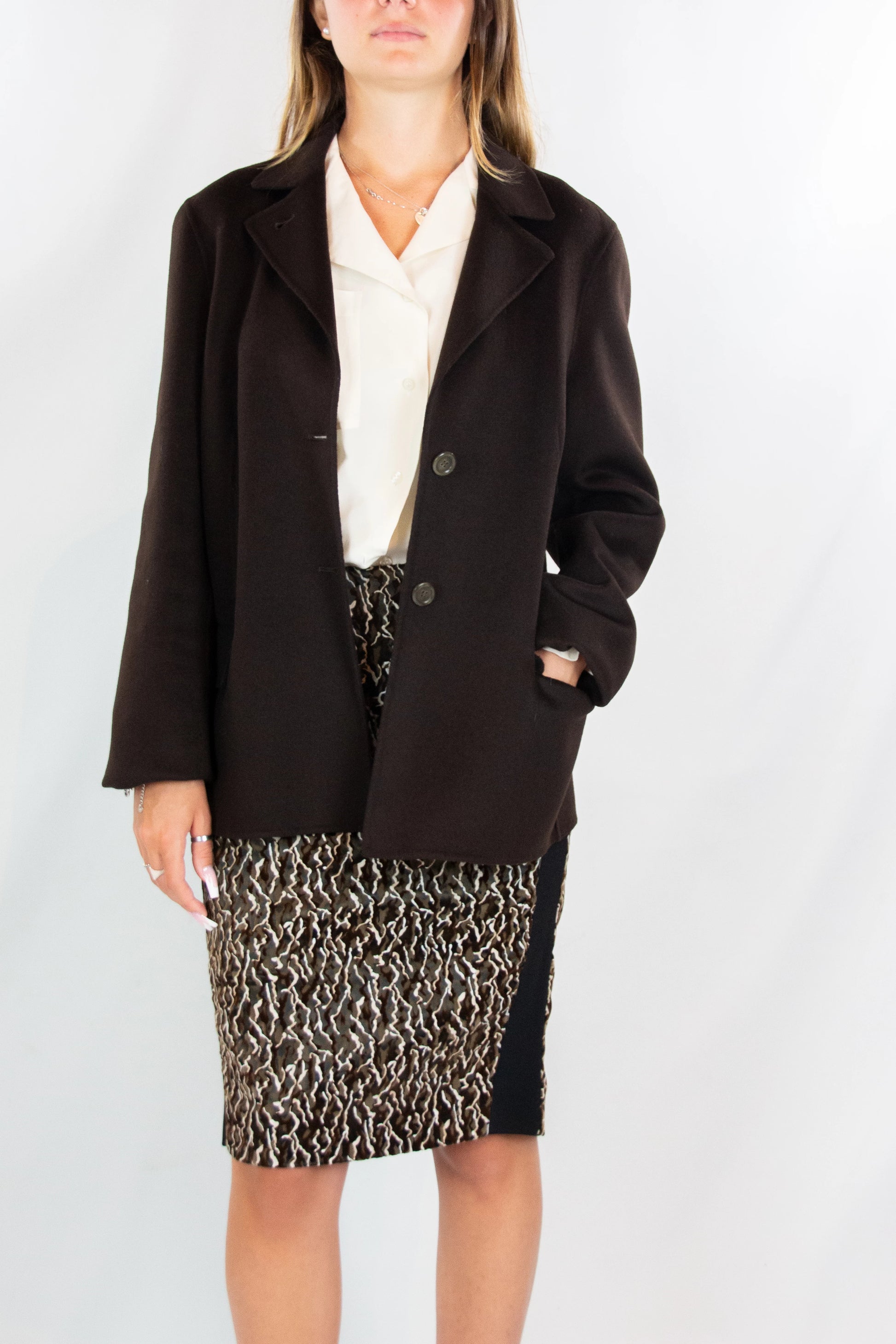Wool and Cashmere Short Coat in Dark Brown