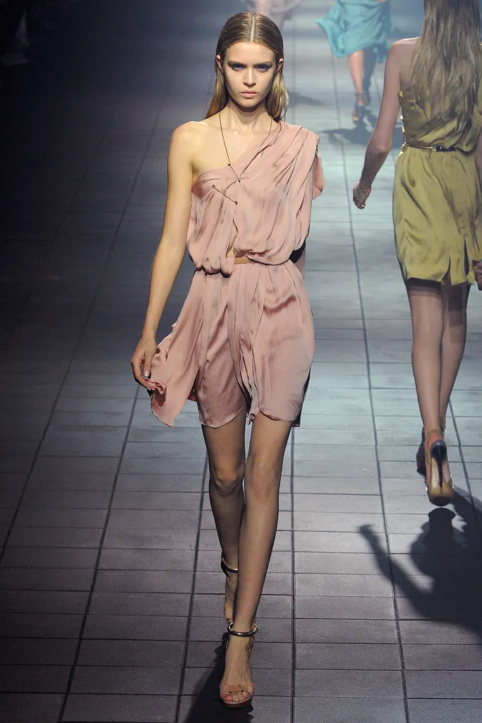 One-Shoulder Draped Silk Dress with Safety Pin Detail SS2012