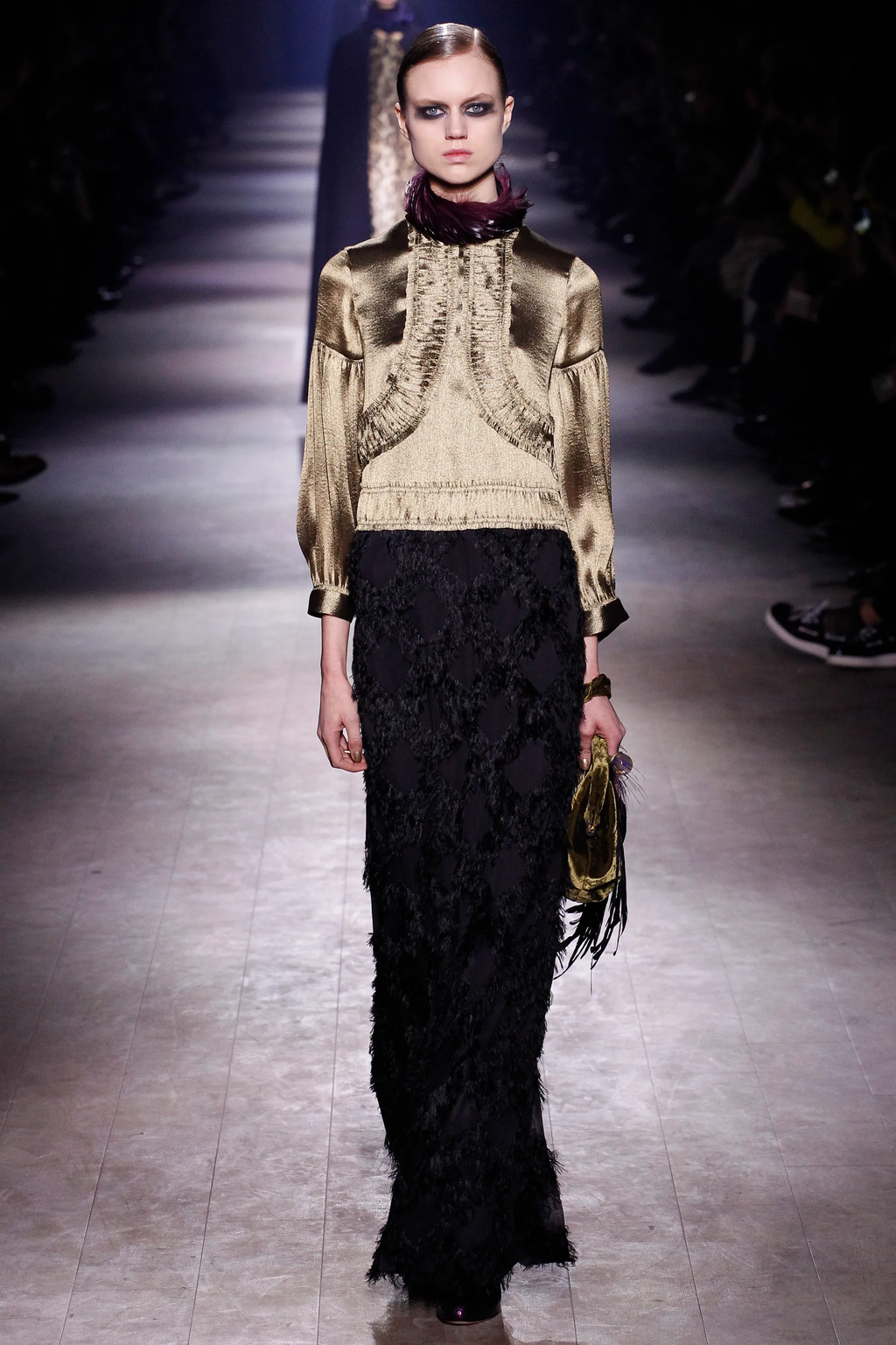 Black Long-Sleeved Top with Gold Ruched Front