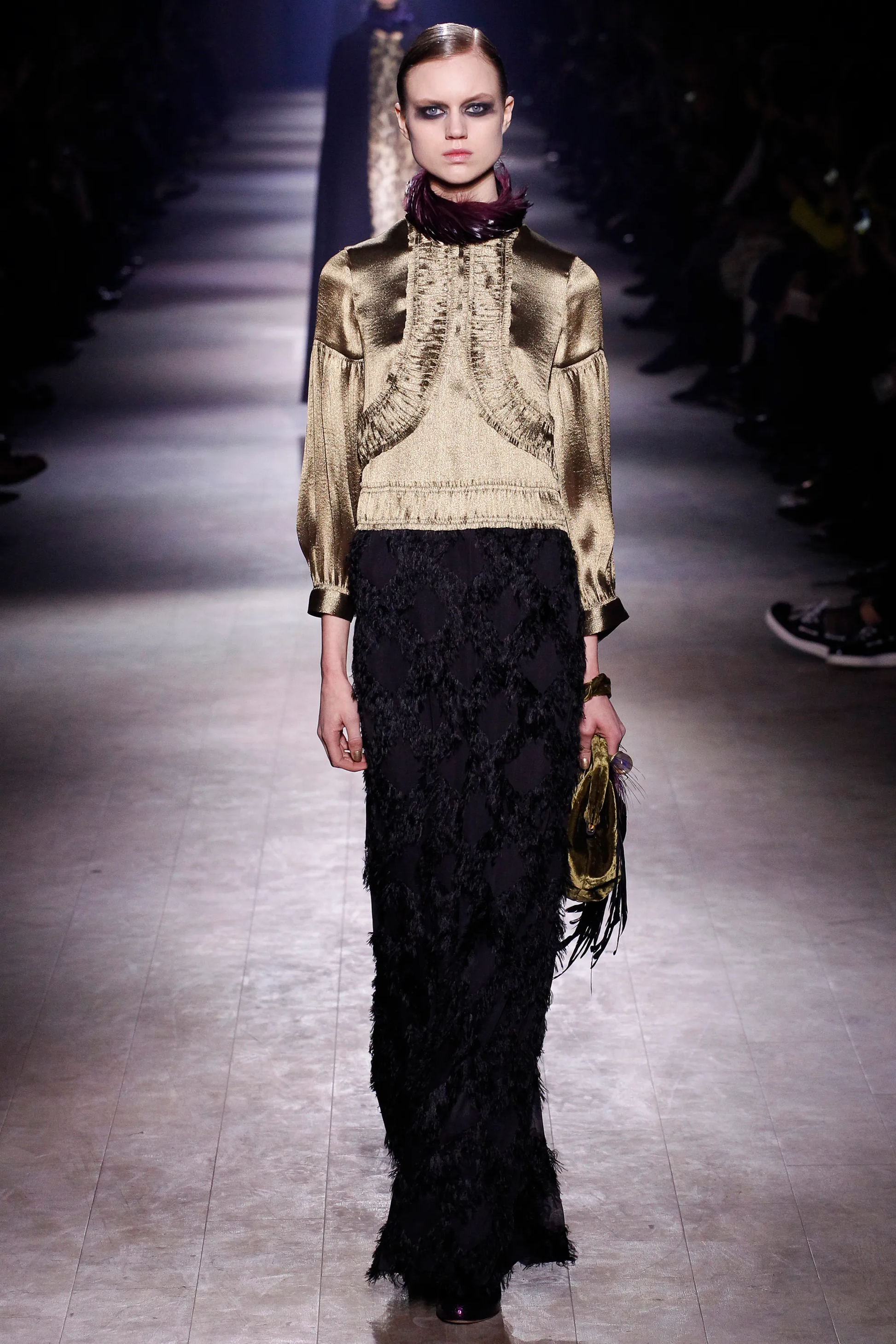 Black Long-Sleeved Top with Gold Ruched Front