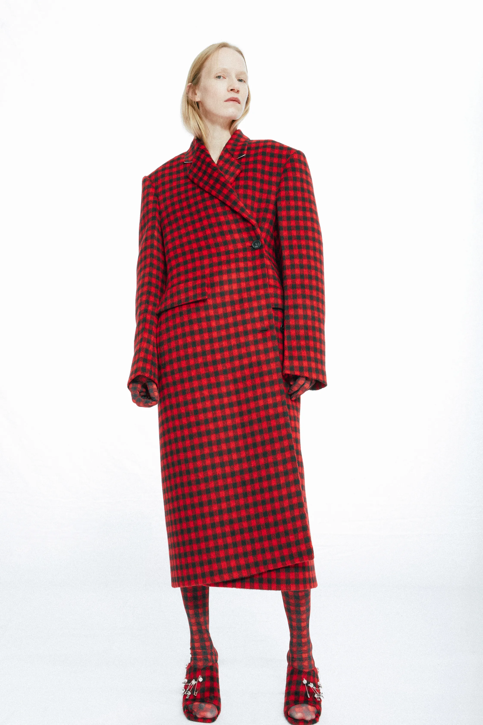 Black and Red Check Coat with Asymmetric Fastening Pre-fall2022
