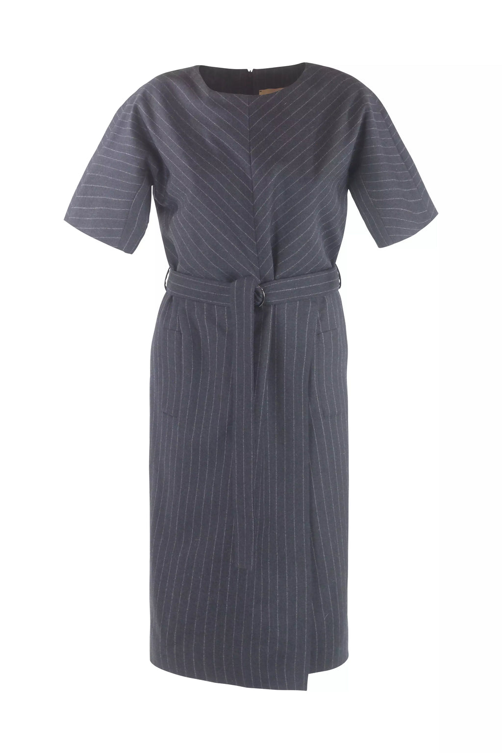 Grey Wool Pinstripe Belted Midi Dress