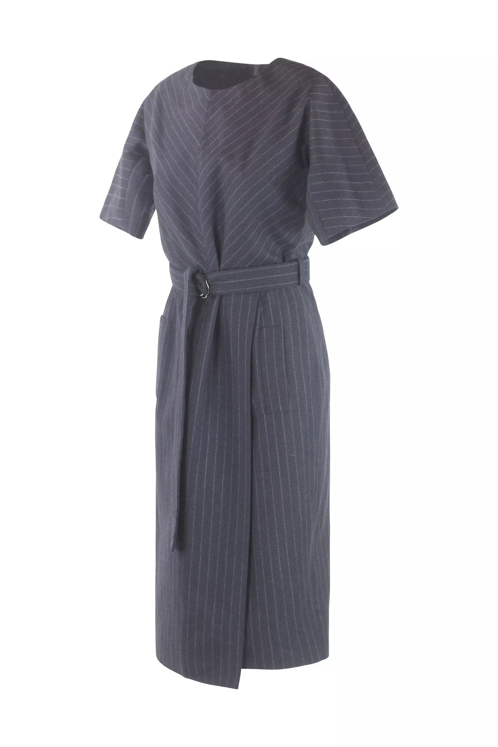 Grey Wool Pinstripe Belted Midi Dress