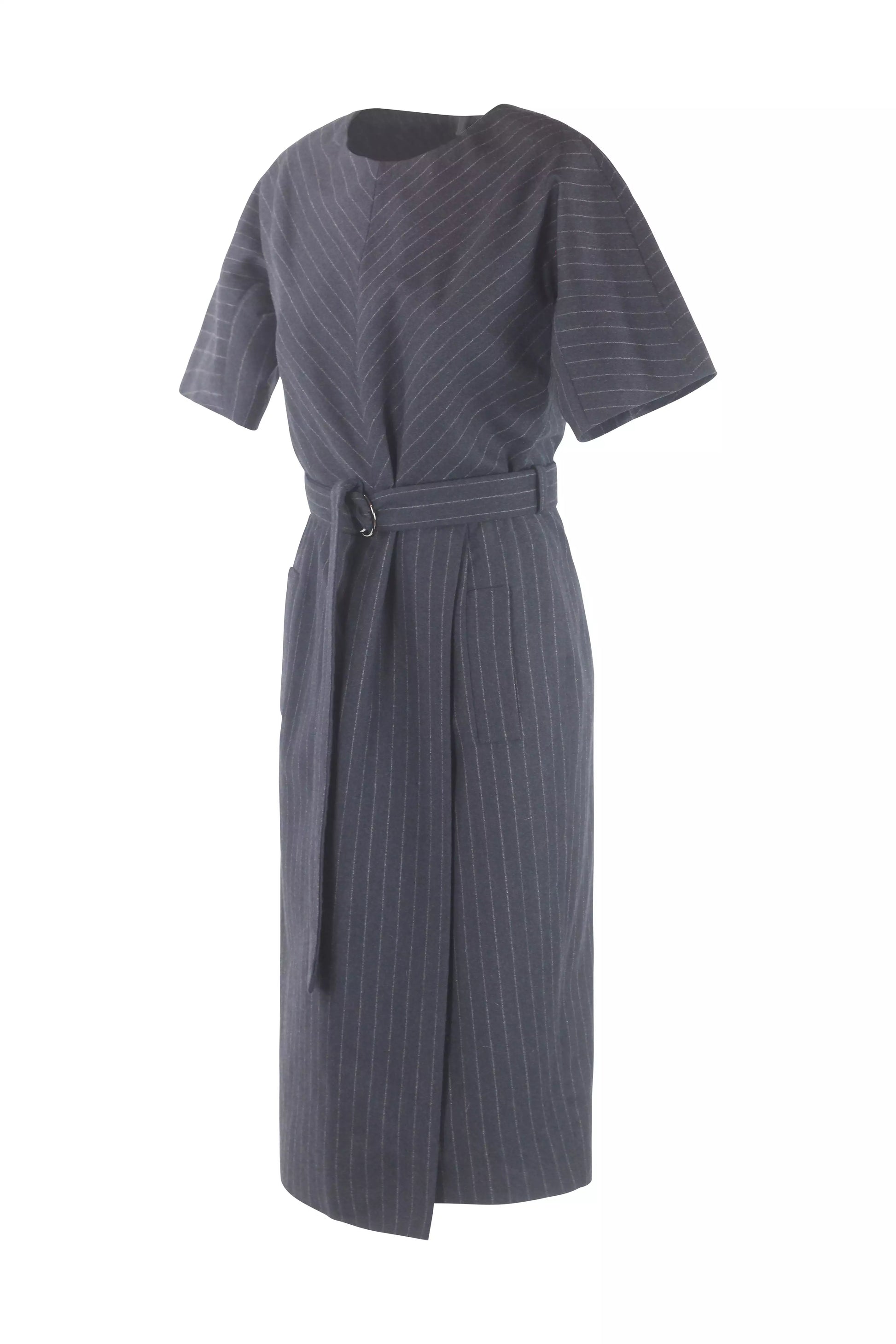 Grey Wool Pinstripe Belted Midi Dress