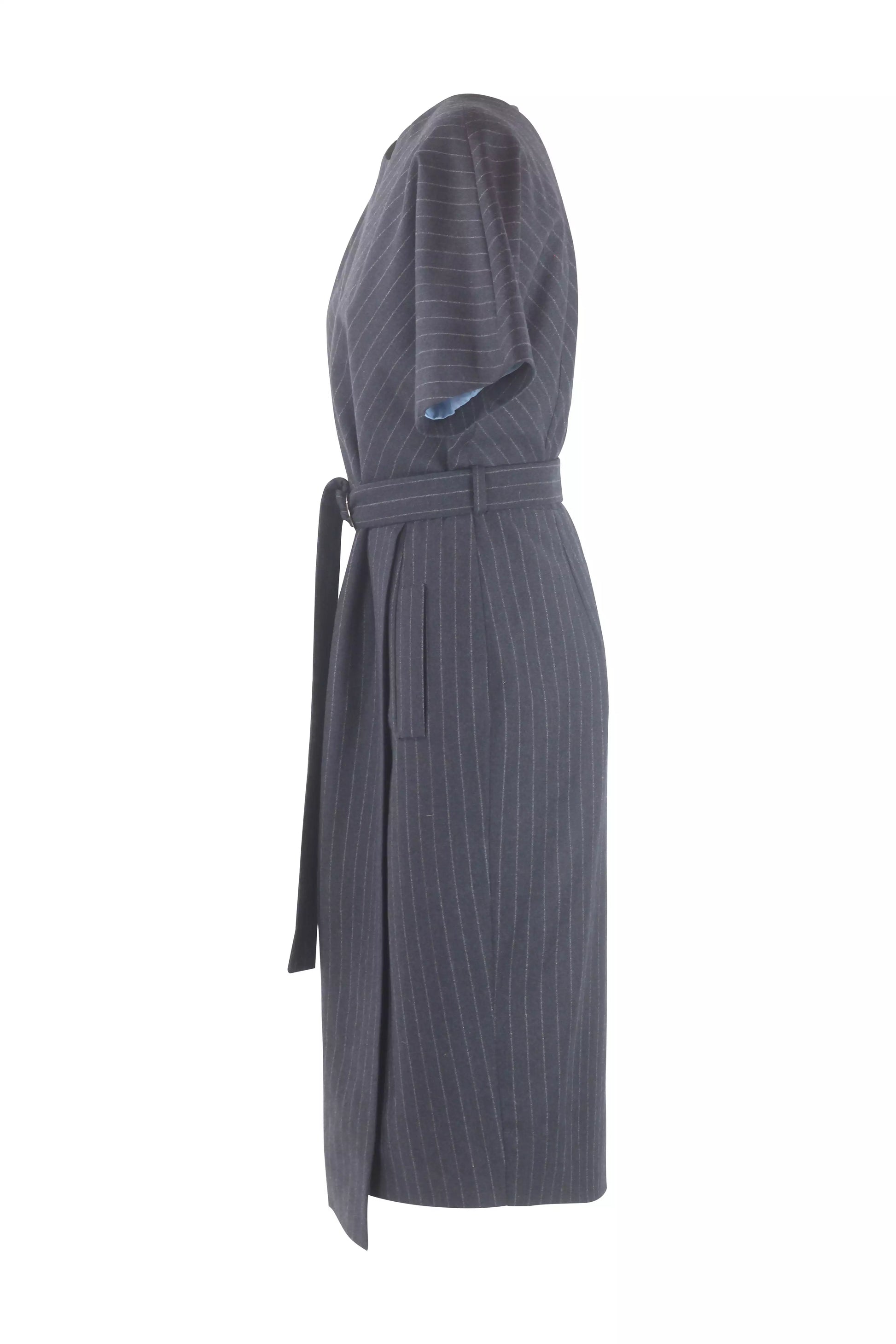 Grey Wool Pinstripe Belted Midi Dress