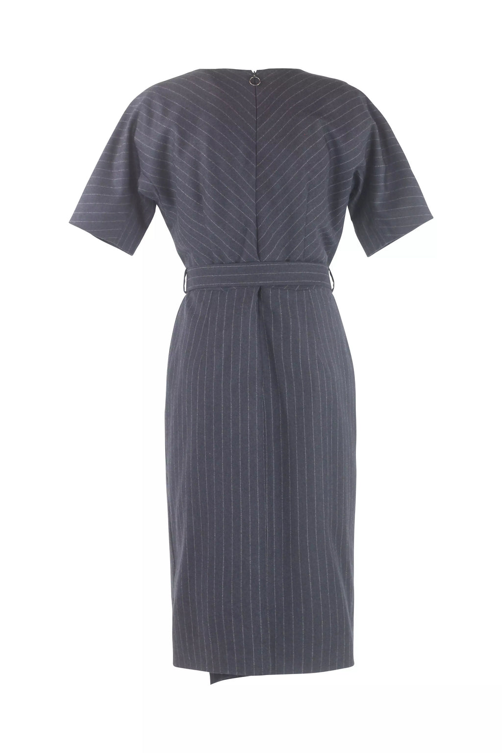 Grey Wool Pinstripe Belted Midi Dress