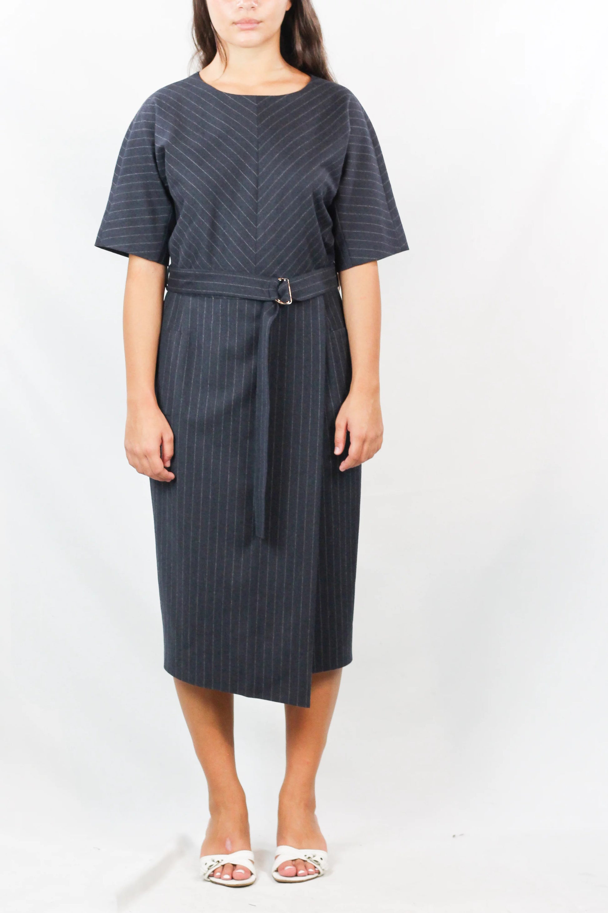 Grey Wool Pinstripe Belted Midi Dress