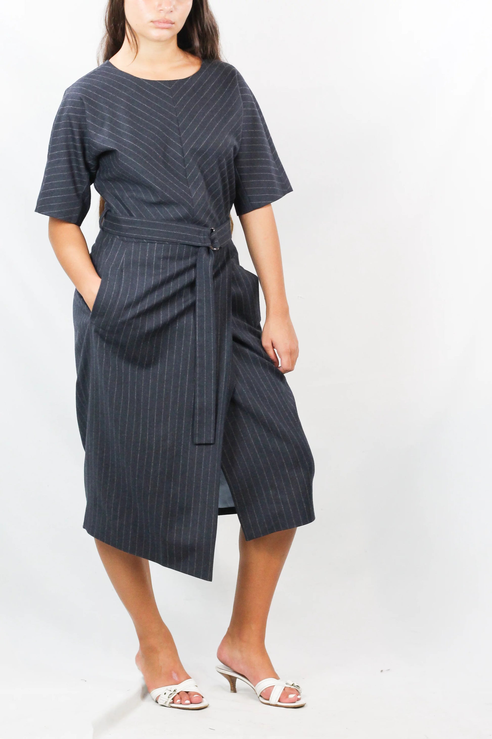 Grey Wool Pinstripe Belted Midi Dress