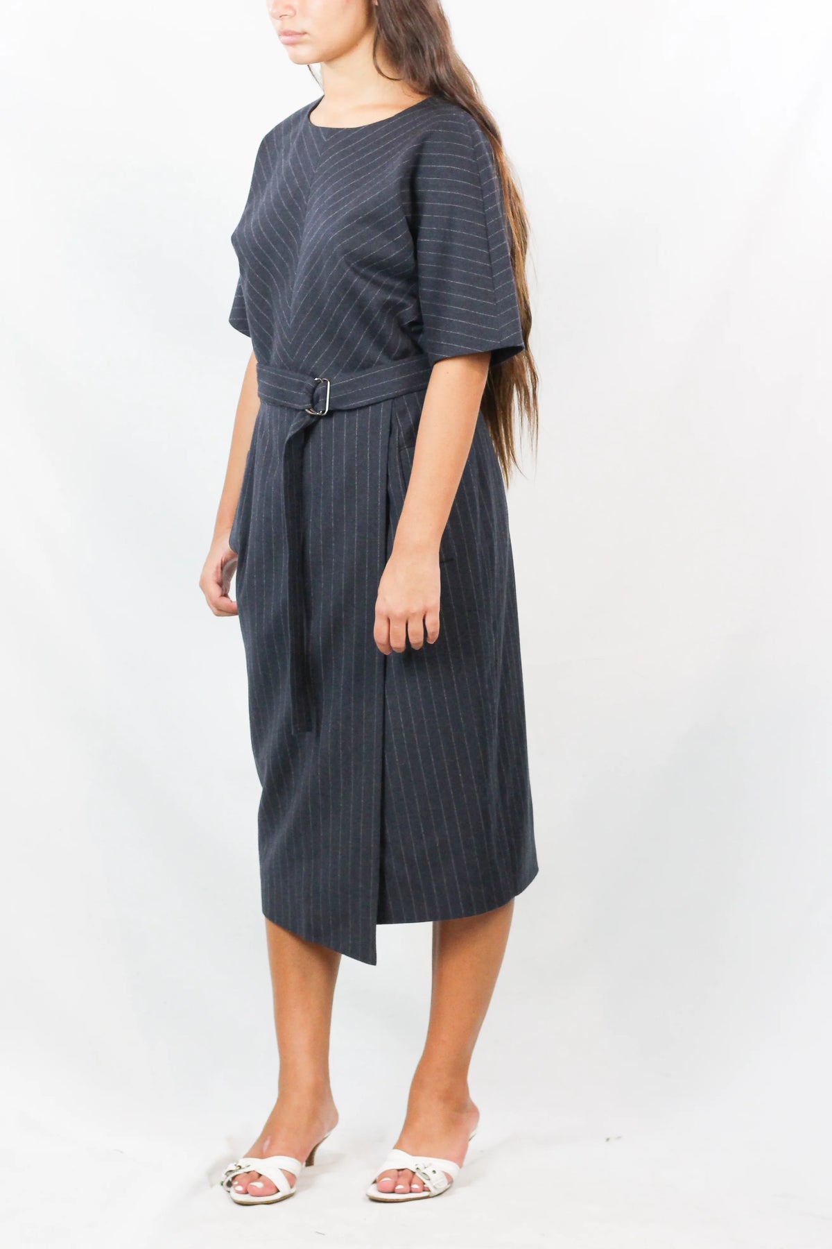 Grey Wool Pinstripe Belted Midi Dress
