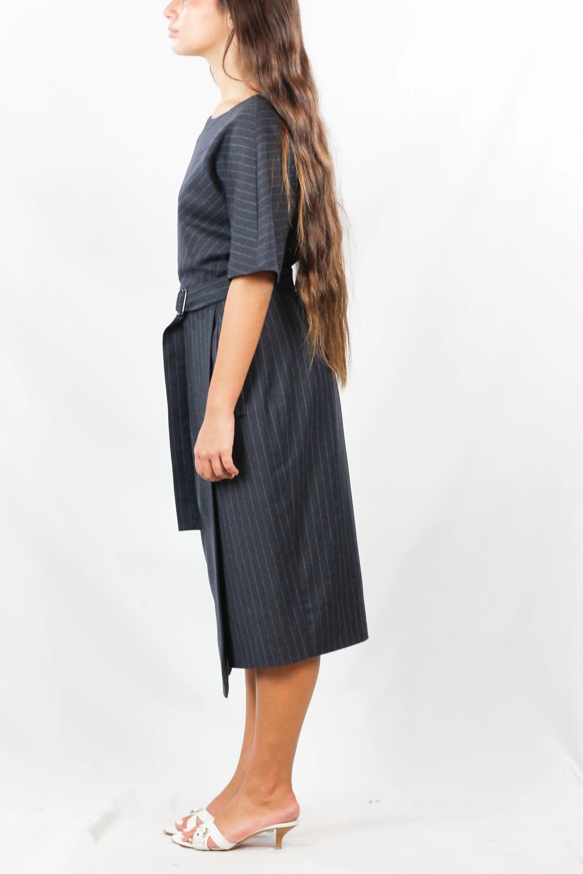 Grey Wool Pinstripe Belted Midi Dress