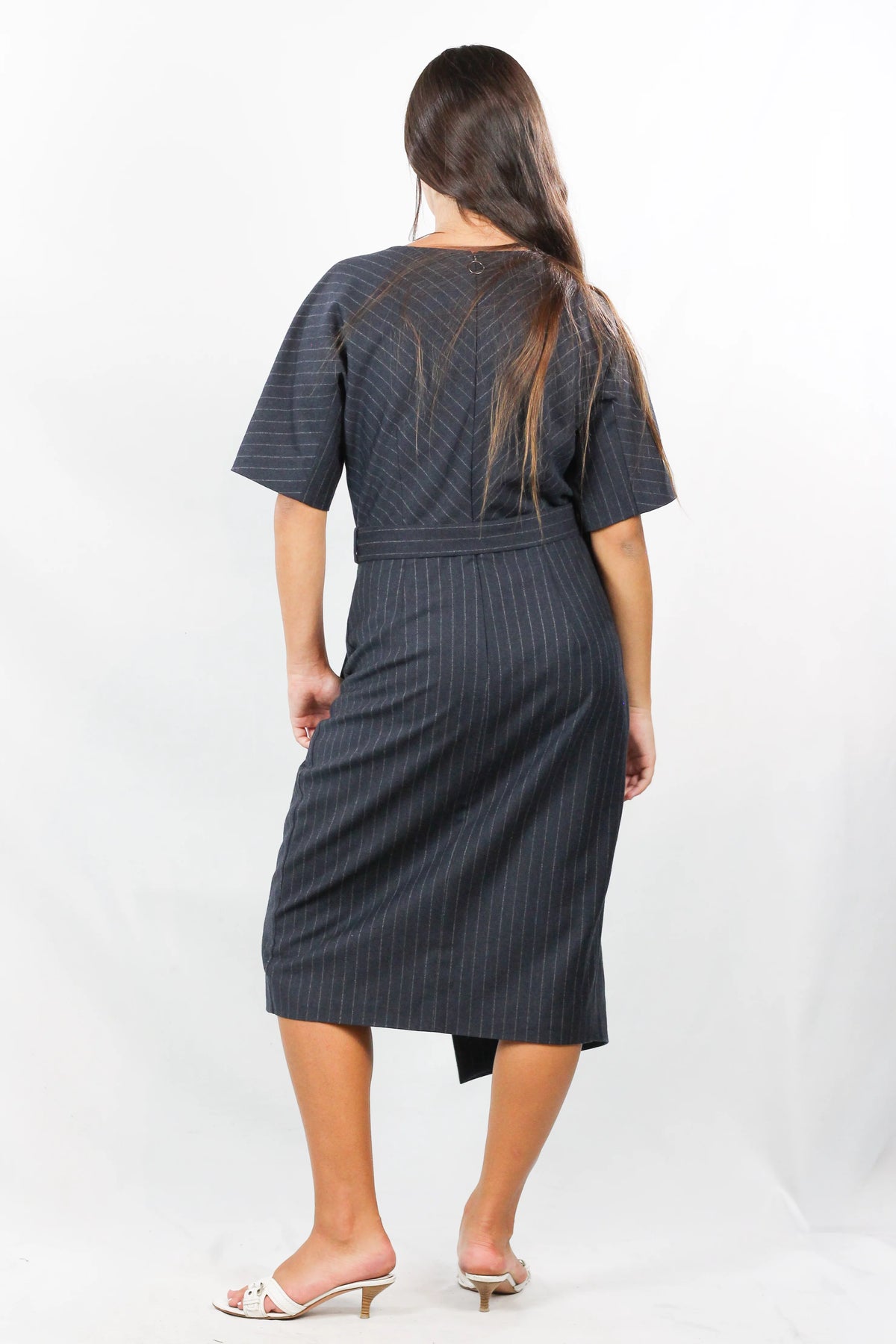 Grey Wool Pinstripe Belted Midi Dress