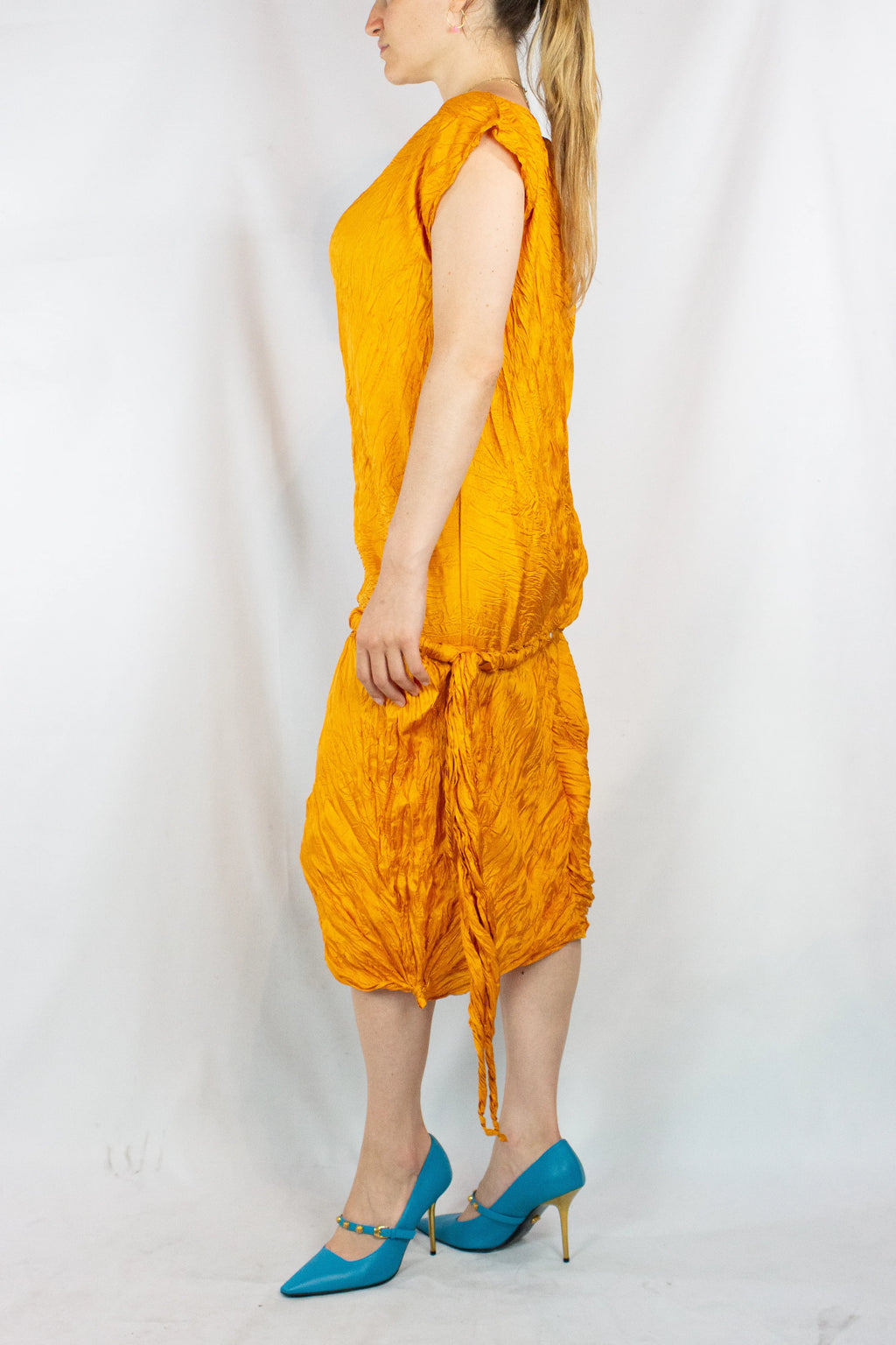 Orange crinkled pleats dress