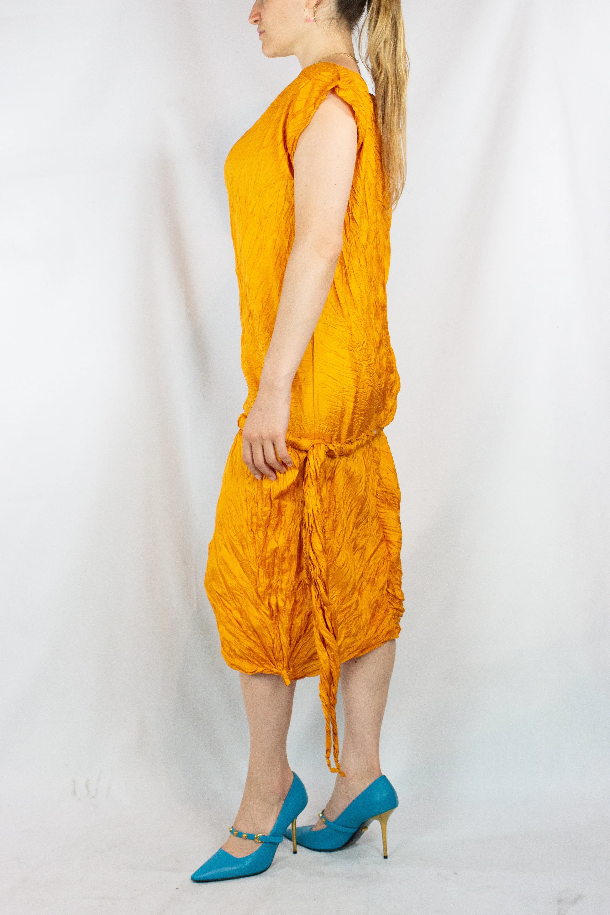 Orange crinkled pleats dress