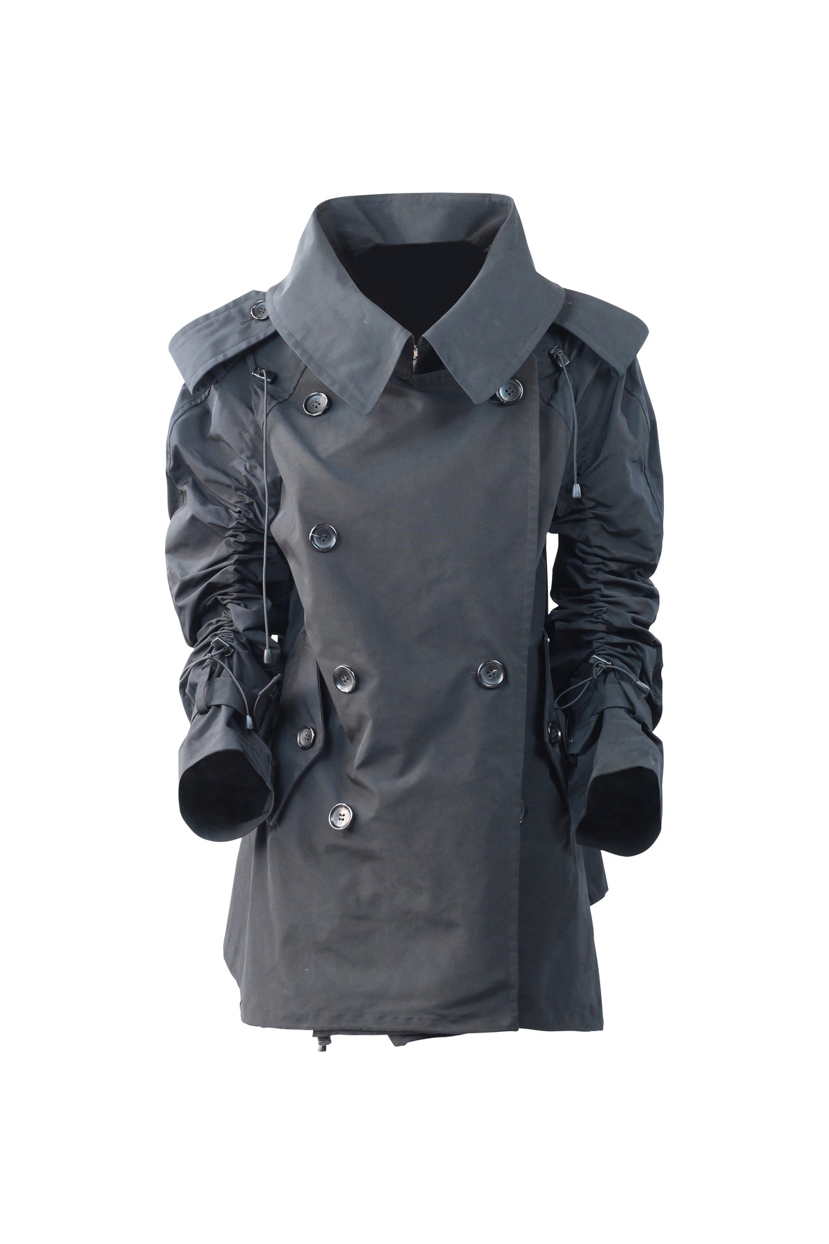 Black Double-Breasted Trench Coat with Ruched Sleeves