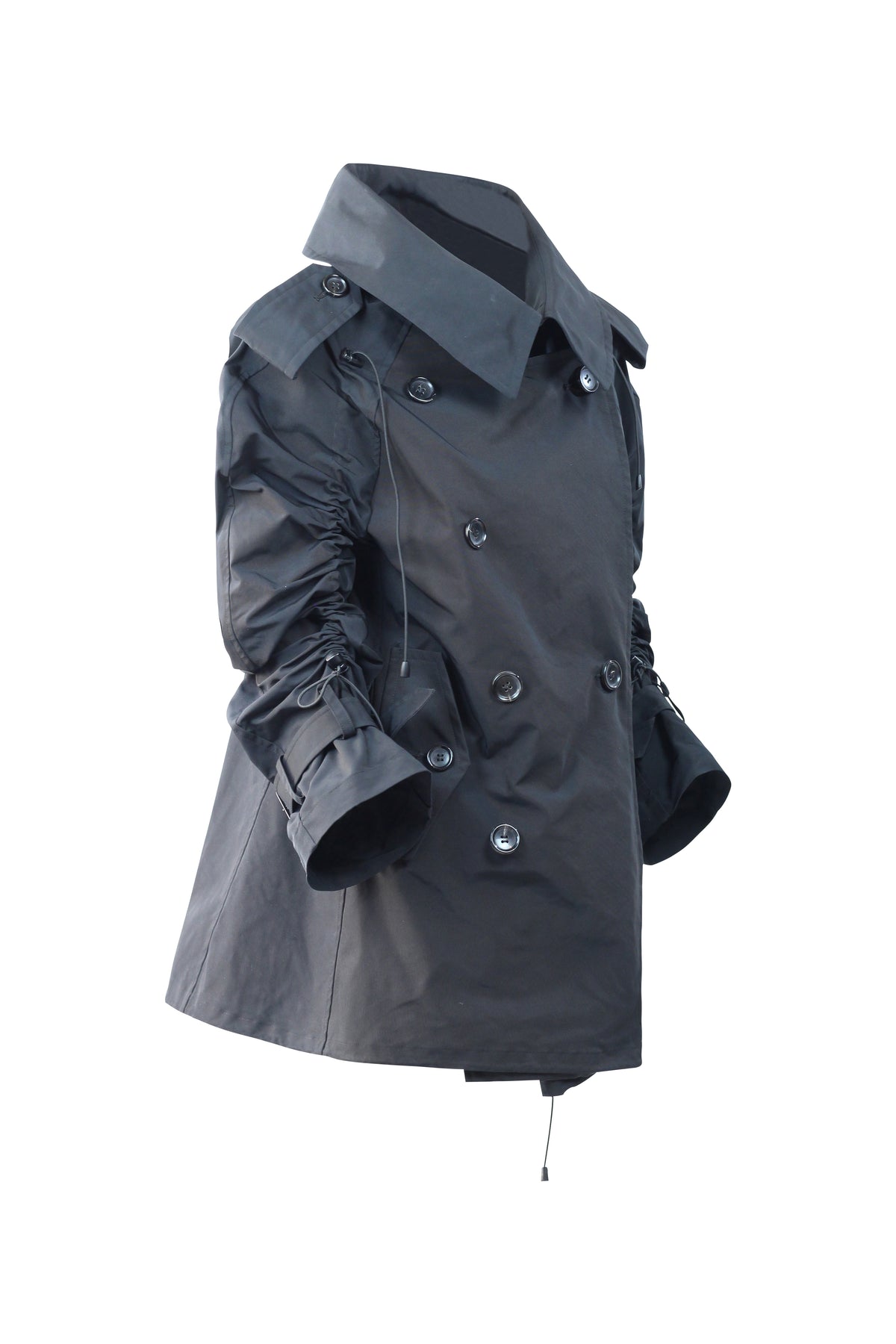 Black Double-Breasted Trench Coat with Ruched Sleeves