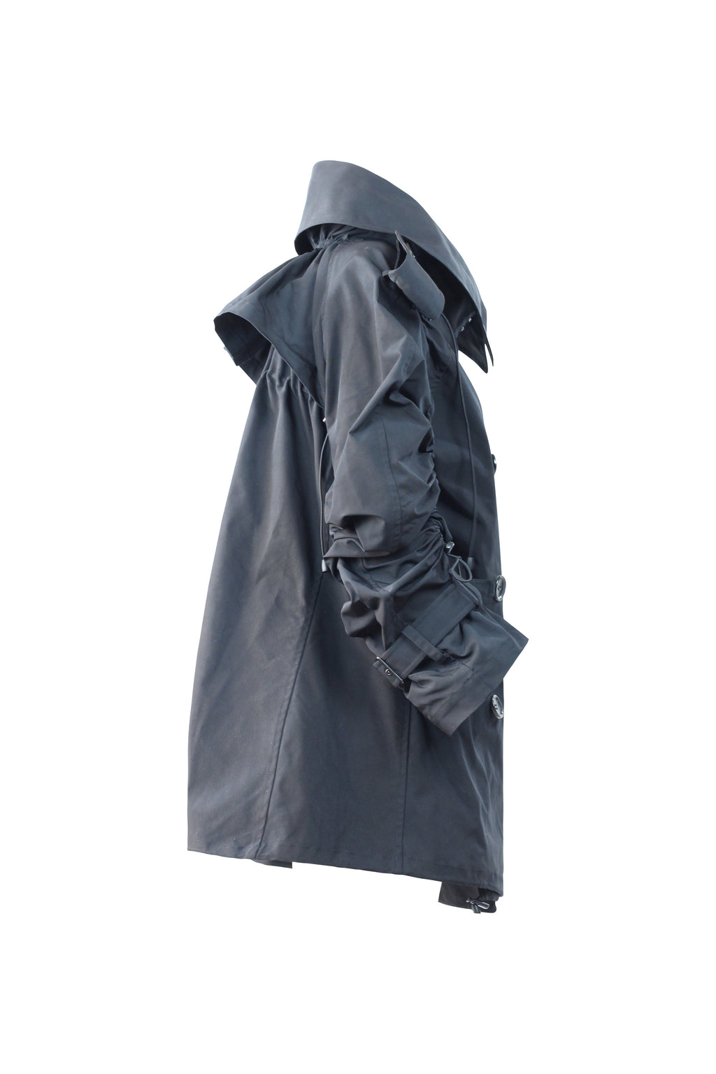 Black Double-Breasted Trench Coat with Ruched Sleeves