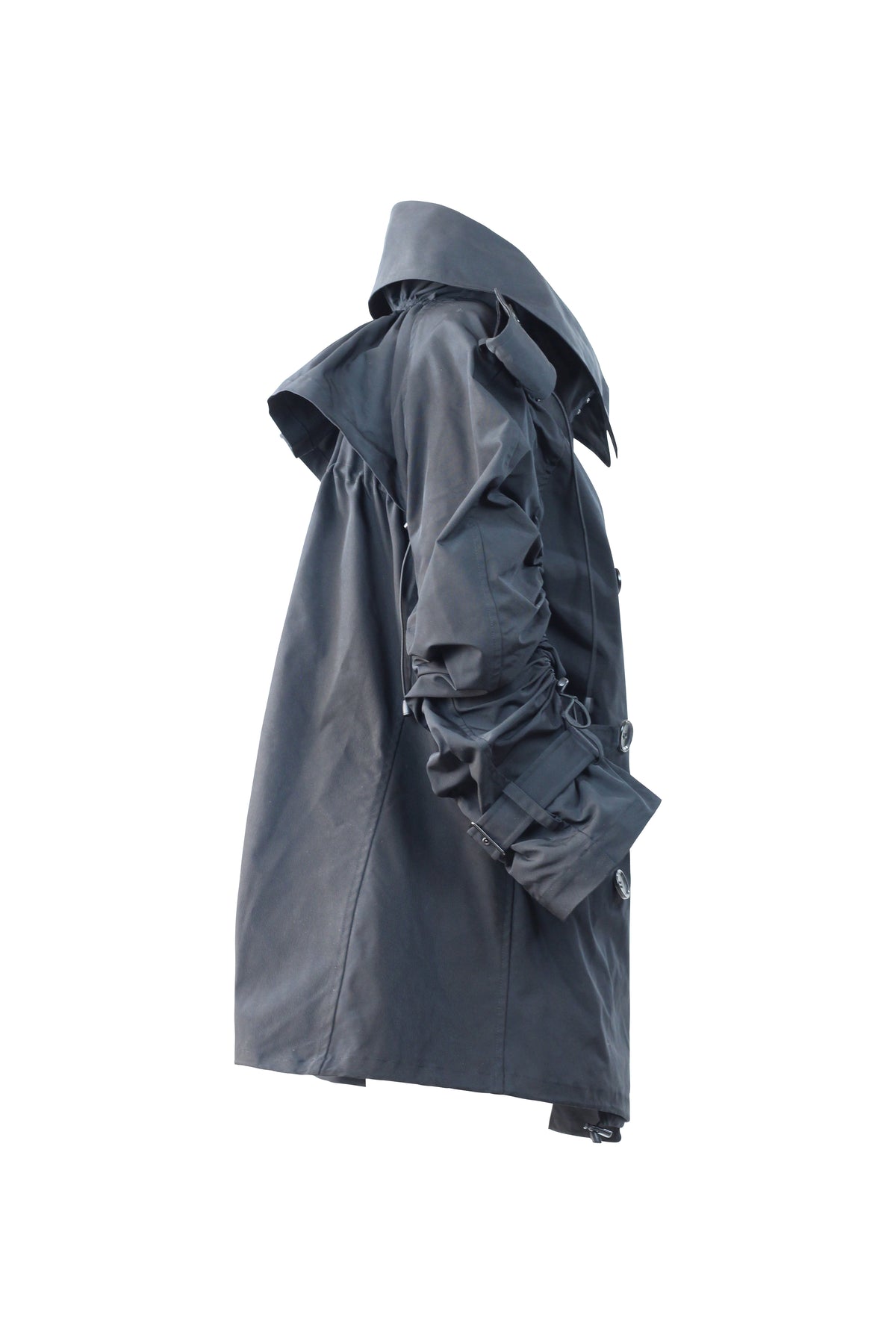 Black Double-Breasted Trench Coat with Ruched Sleeves
