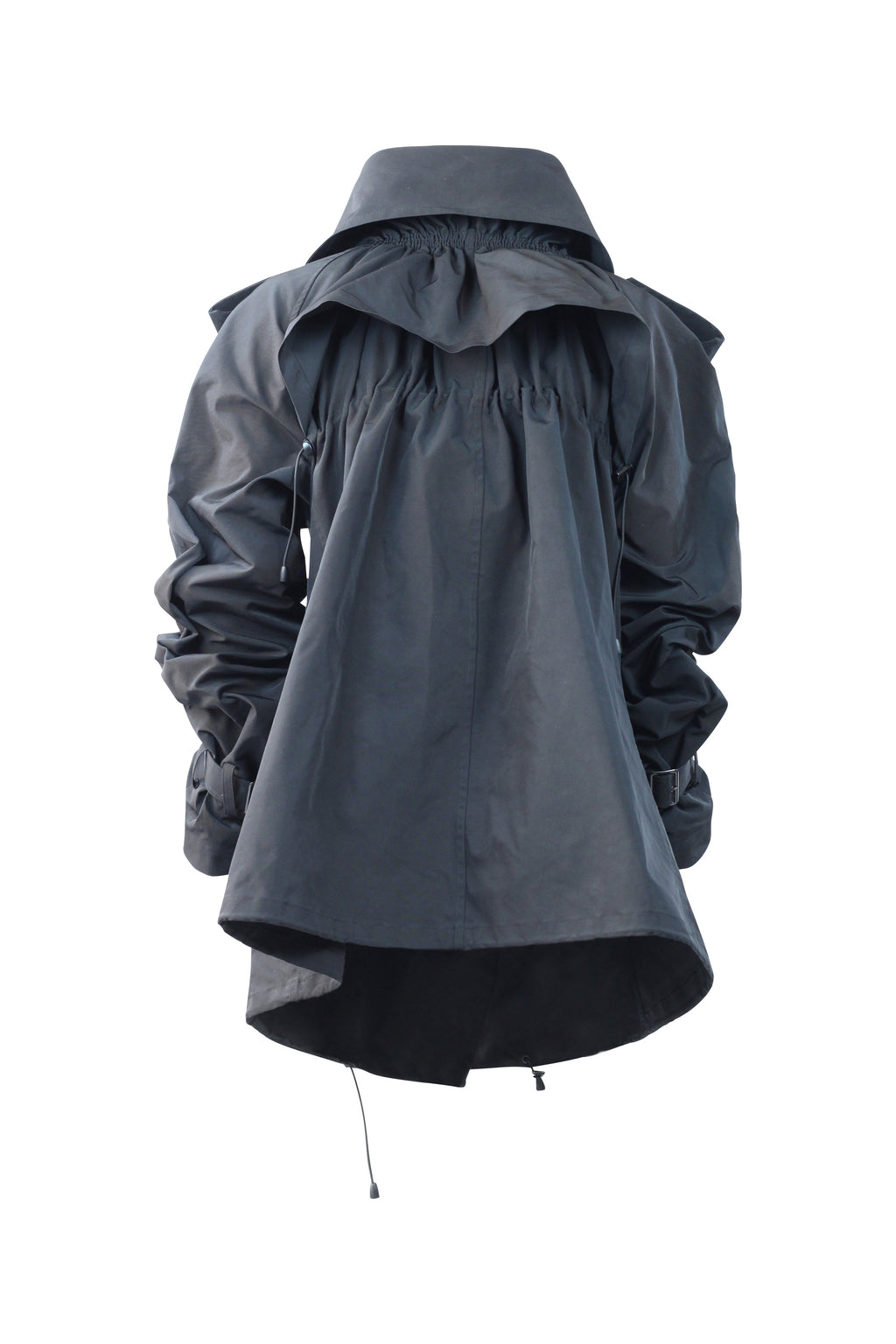 Black Double-Breasted Trench Coat with Ruched Sleeves